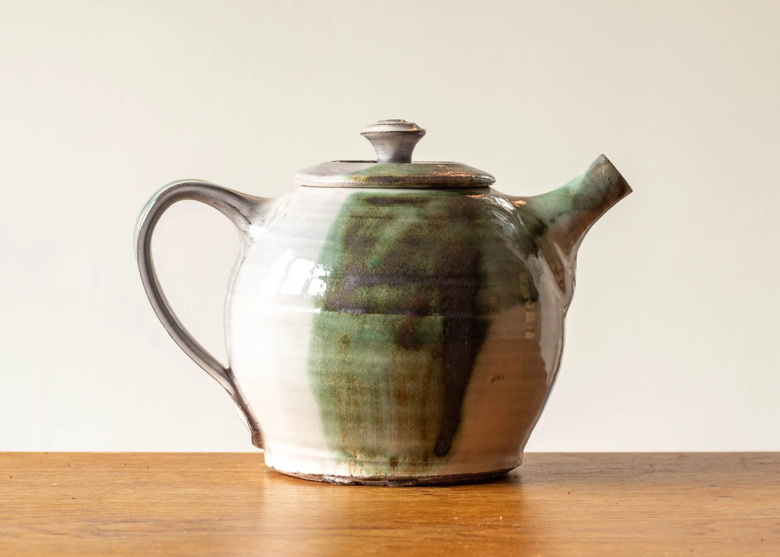Handmade Pottery Teapot with Green Brush Marks, view 3-2.jpg