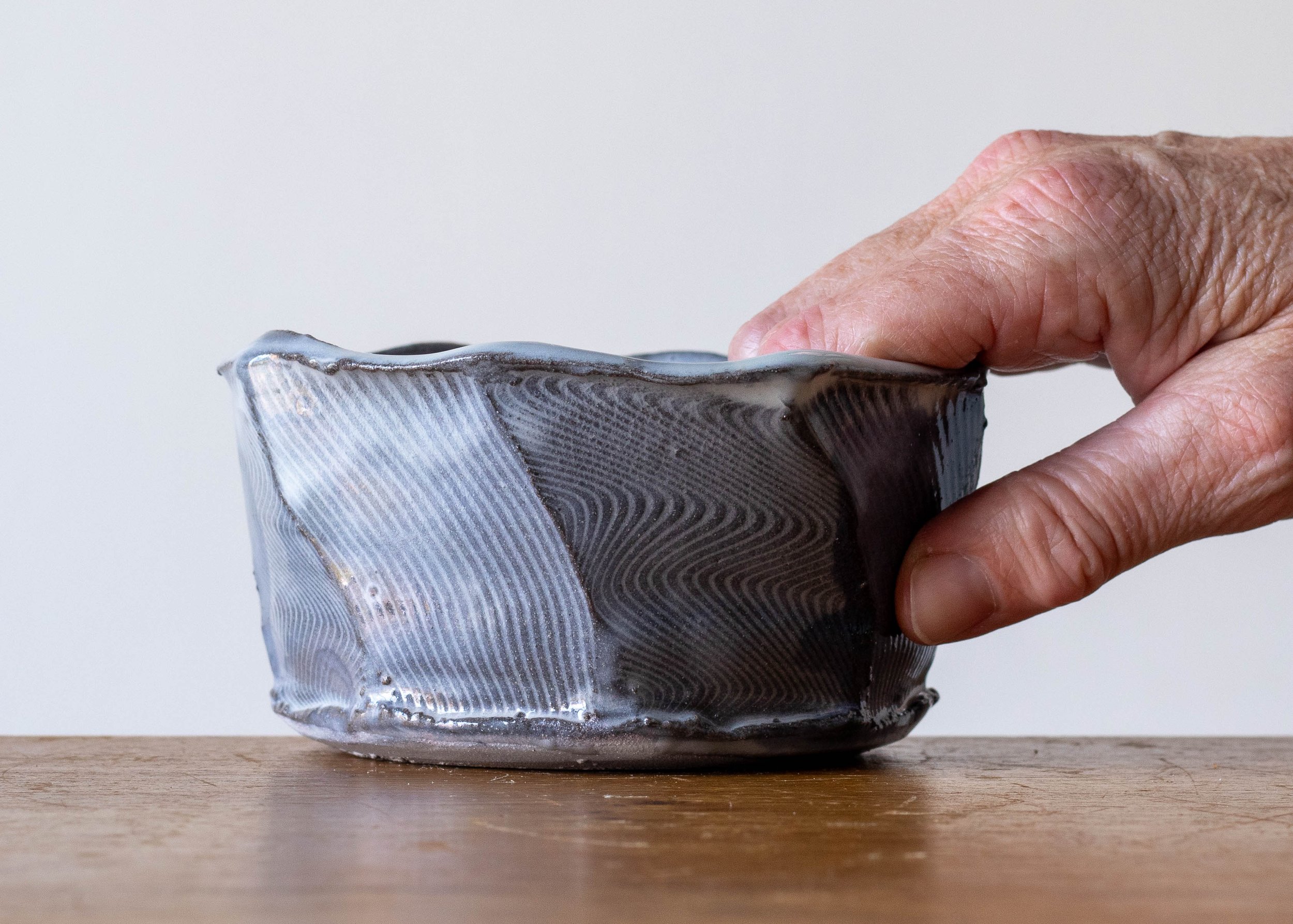 Handmade Pottery Faceted Bowl with Blue Brush Marks, view 5.jpg