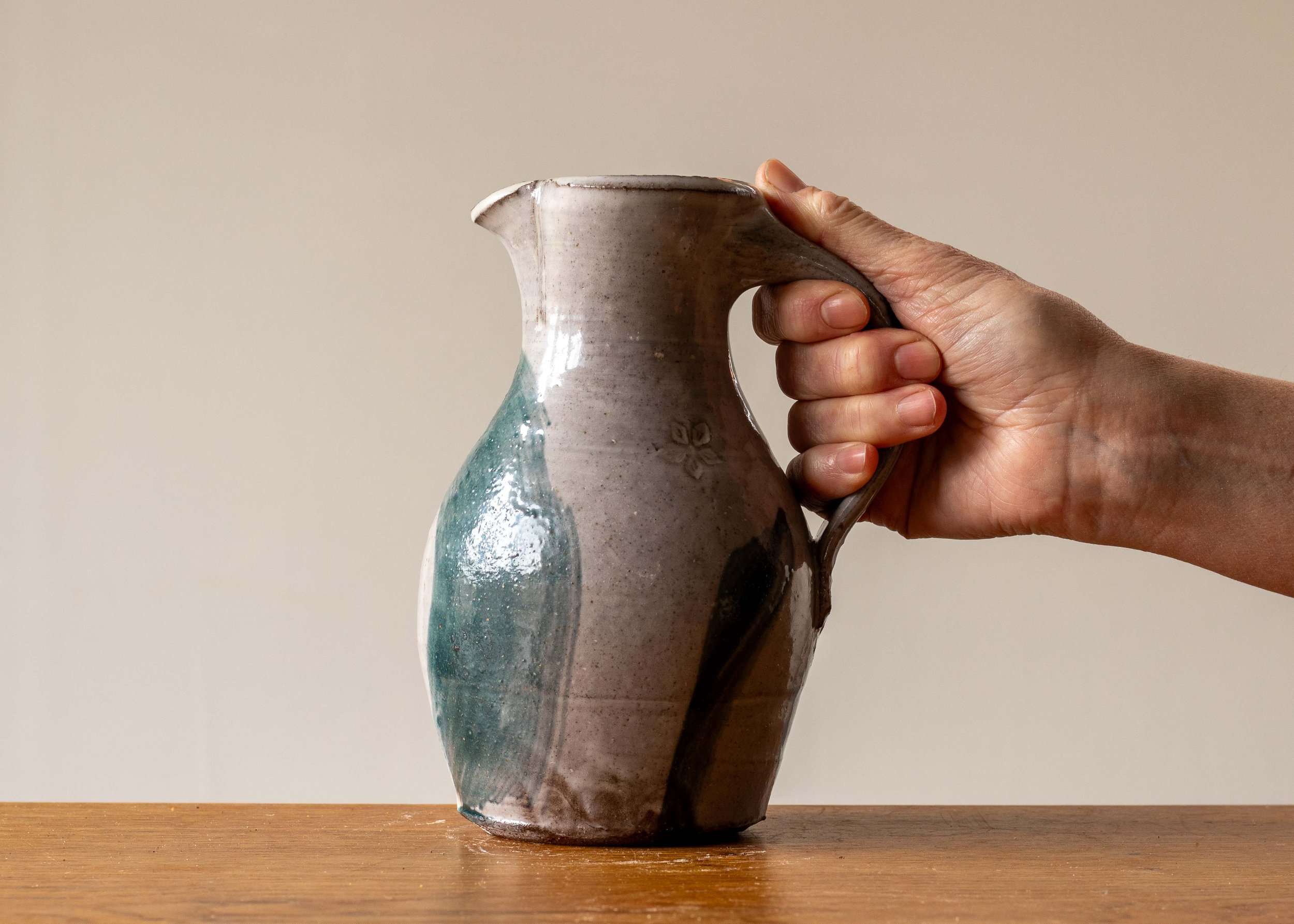 Small Handmade Pottery Jug with Turquoise Decoration