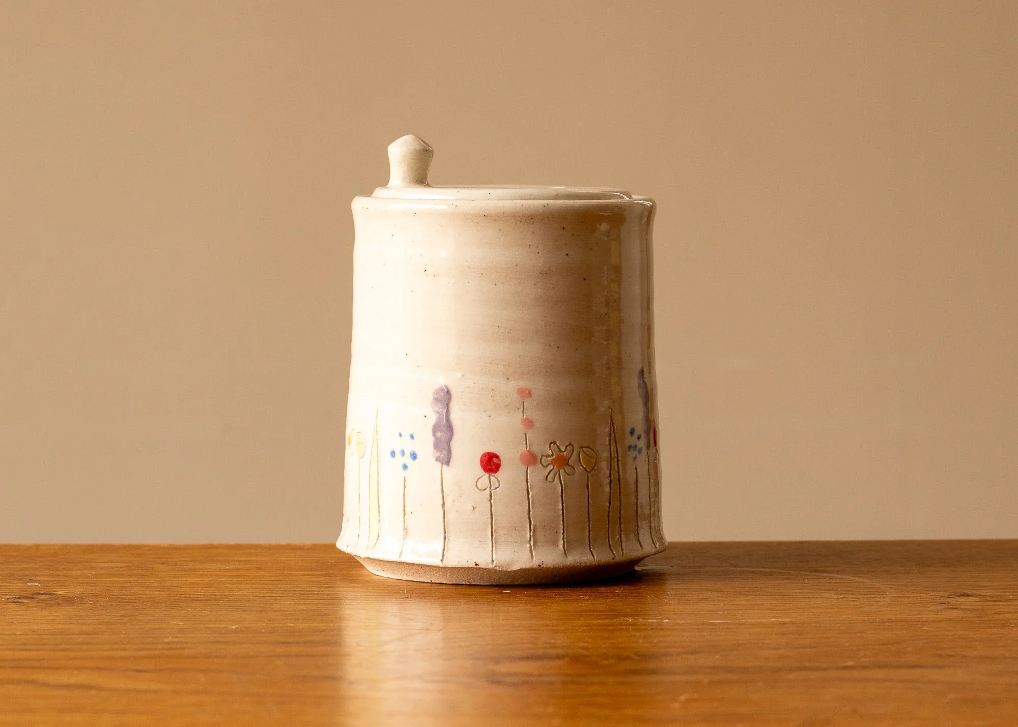 Tall Handmade Pottery Flower Brick with Midsummer Decoration, with knob, side 4.jpg