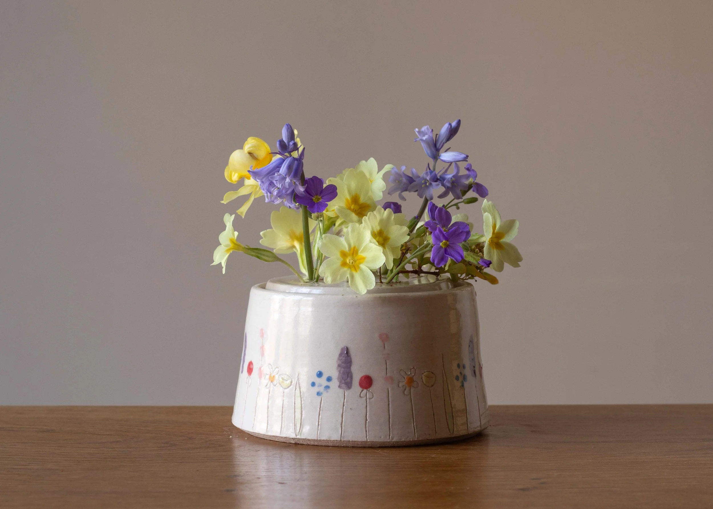 Small White Handmade Pottery Flower Brick with Midsummer Flower Design #1