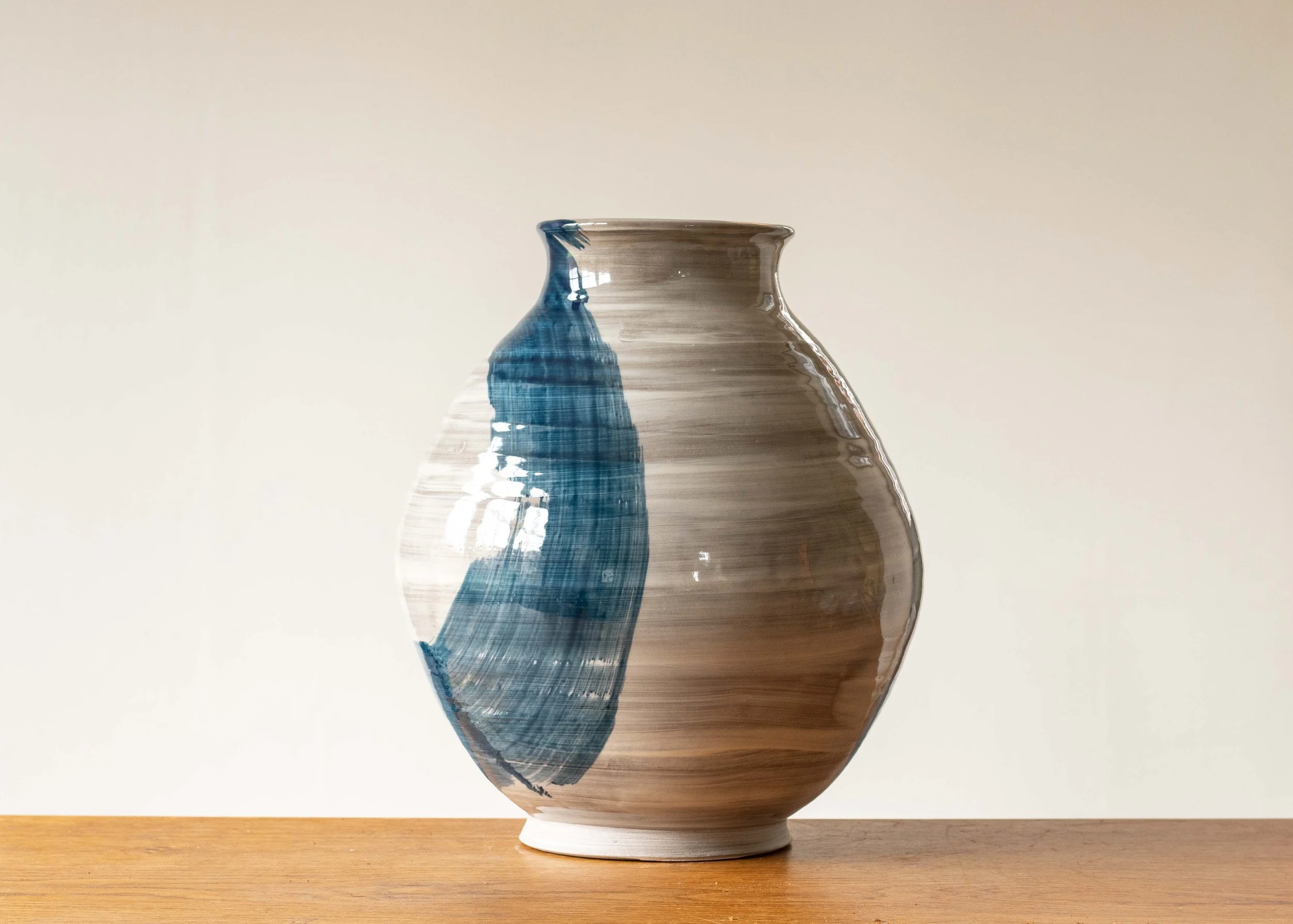 Large White Handmade Moon Jar with Blue Brush Mark, view 4.jpg