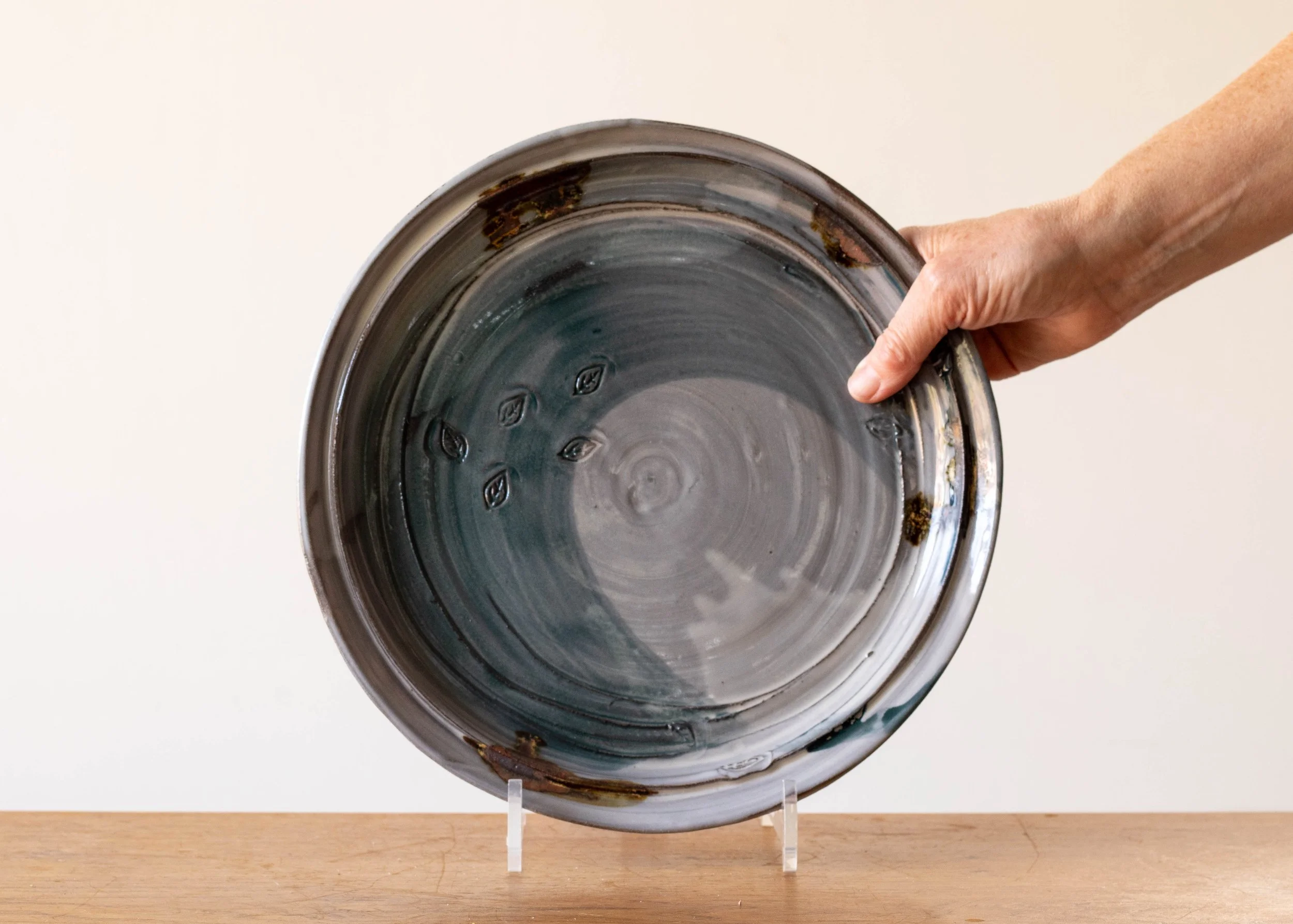 Handmade Pottery Dinner Plate with Turquoise Brush Marks, view 2.jpg
