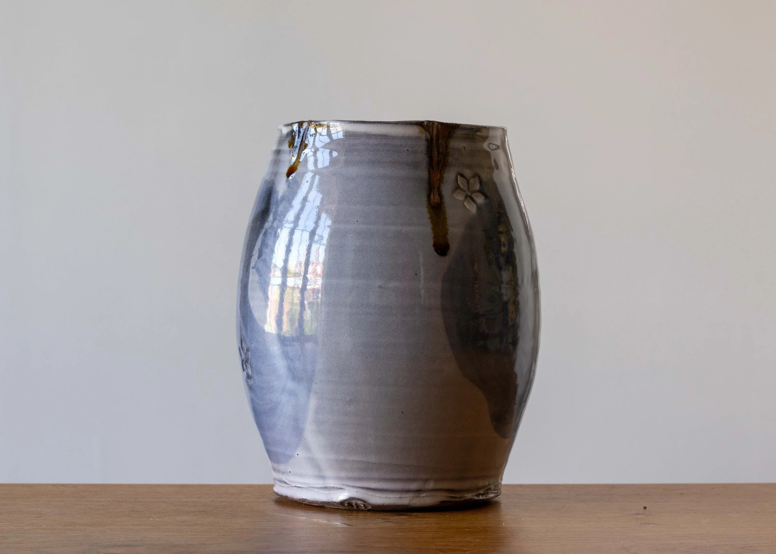 Large Handmade Pottery Vase with Blue Brush Marks, view 2.jpg