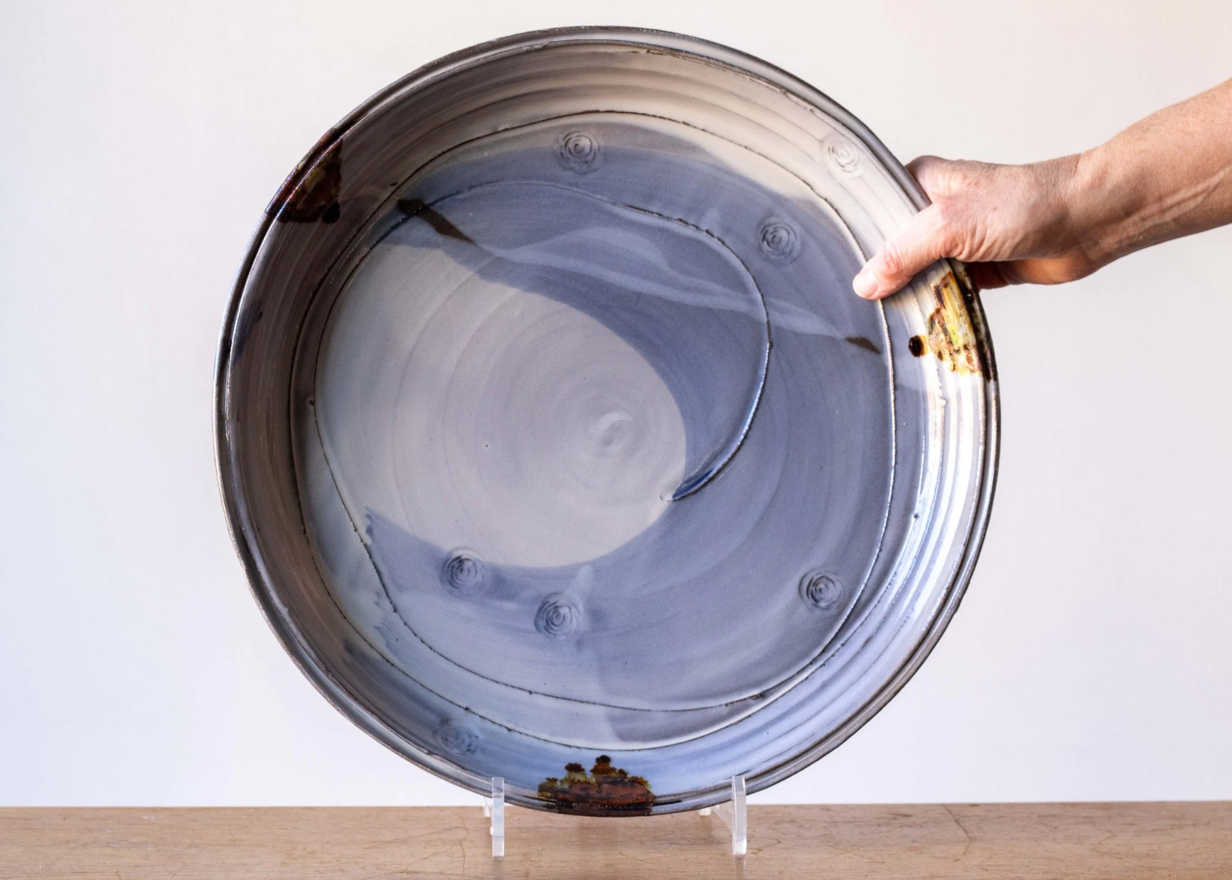 Large Handmade Pottery Plate with Blue Brush Marks, view 2.jpg