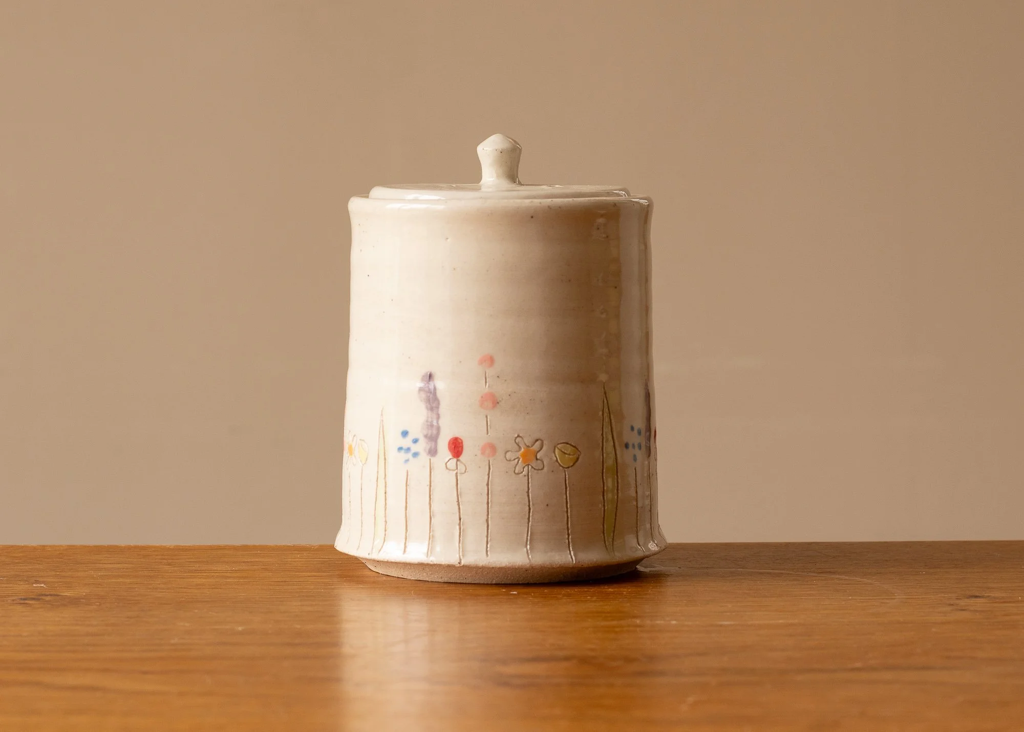 Tall Handmade Pottery Flower Brick with Midsummer Decoration, with knob, side 3.jpg