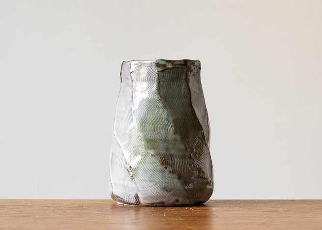 Faceted vase with green brush marks, view 2.jpg