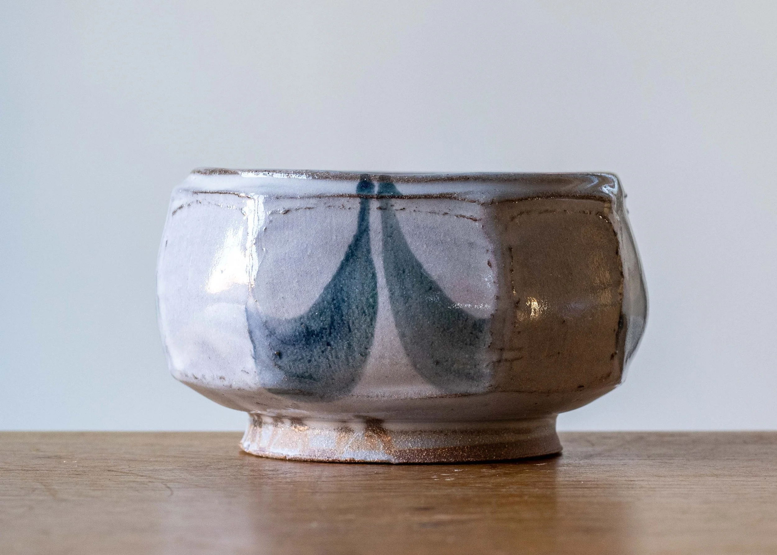 Handmade Pottery Faceted Bowl, New Work 2025, with Green Brush Marks, view 2.jpg