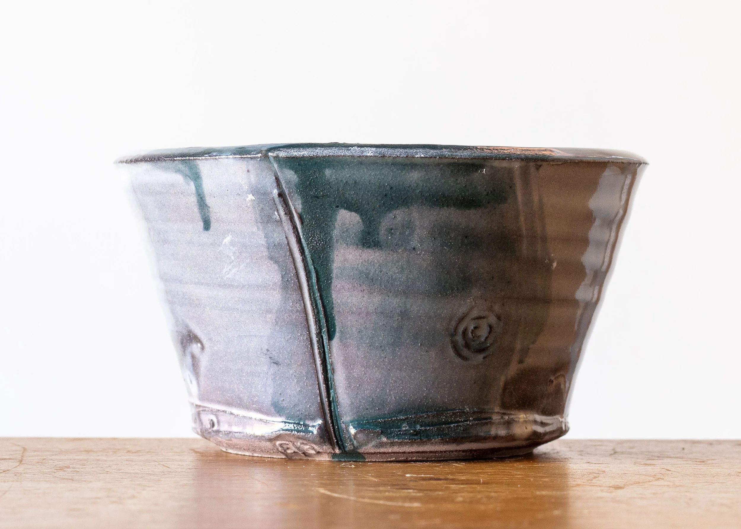 Handmade Pottery Bowl with Turquoise Brush Marks, view 3.jpg