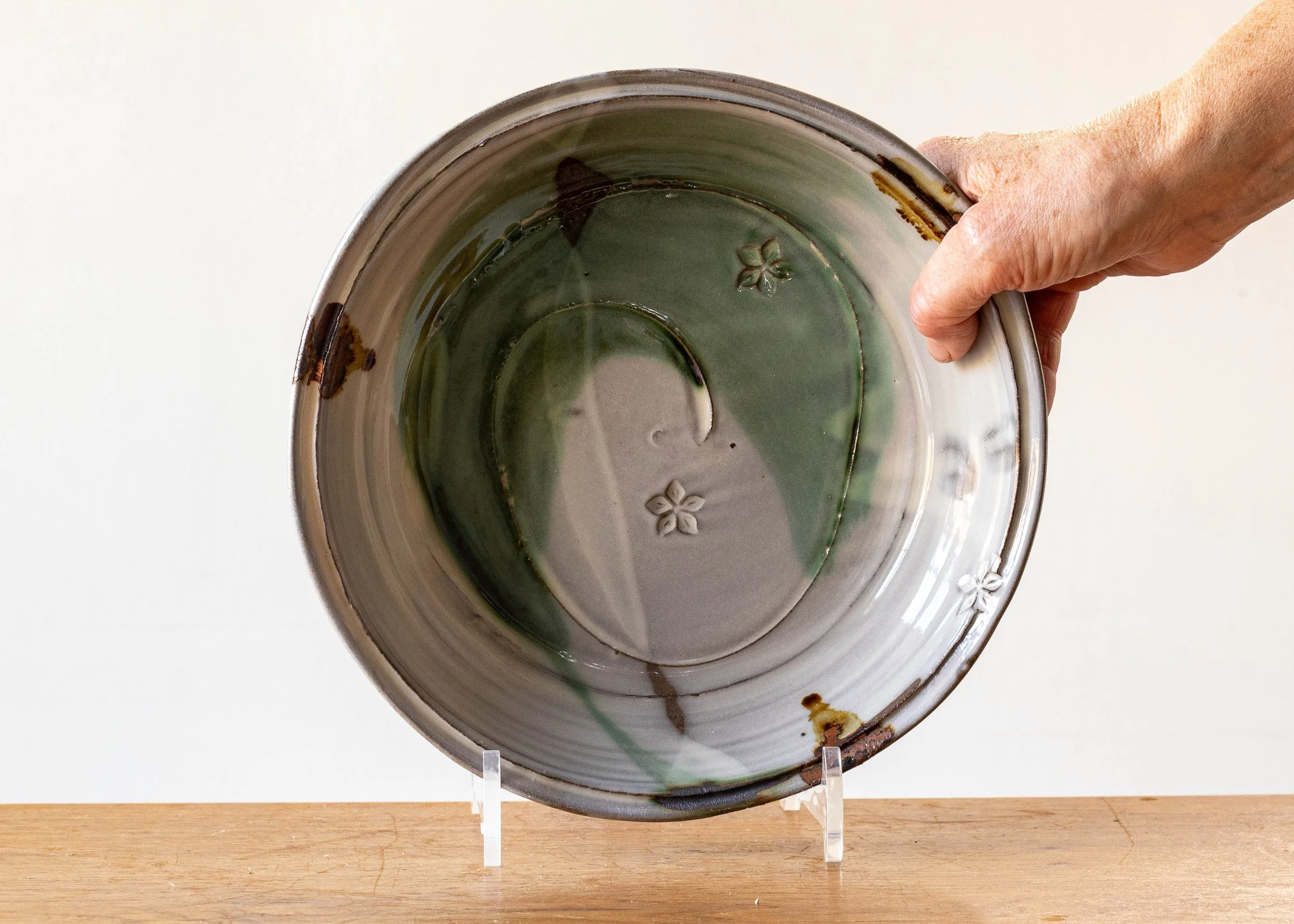 Handmade Pottery Noodle Bowl with Green Brush Mark, view 2.jpg