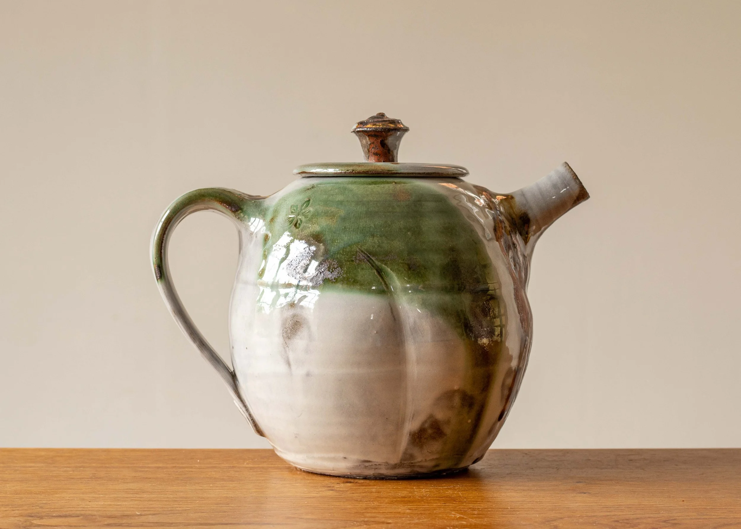 Japandi Style Teapot with Green Brush Marks, view 4.jpg