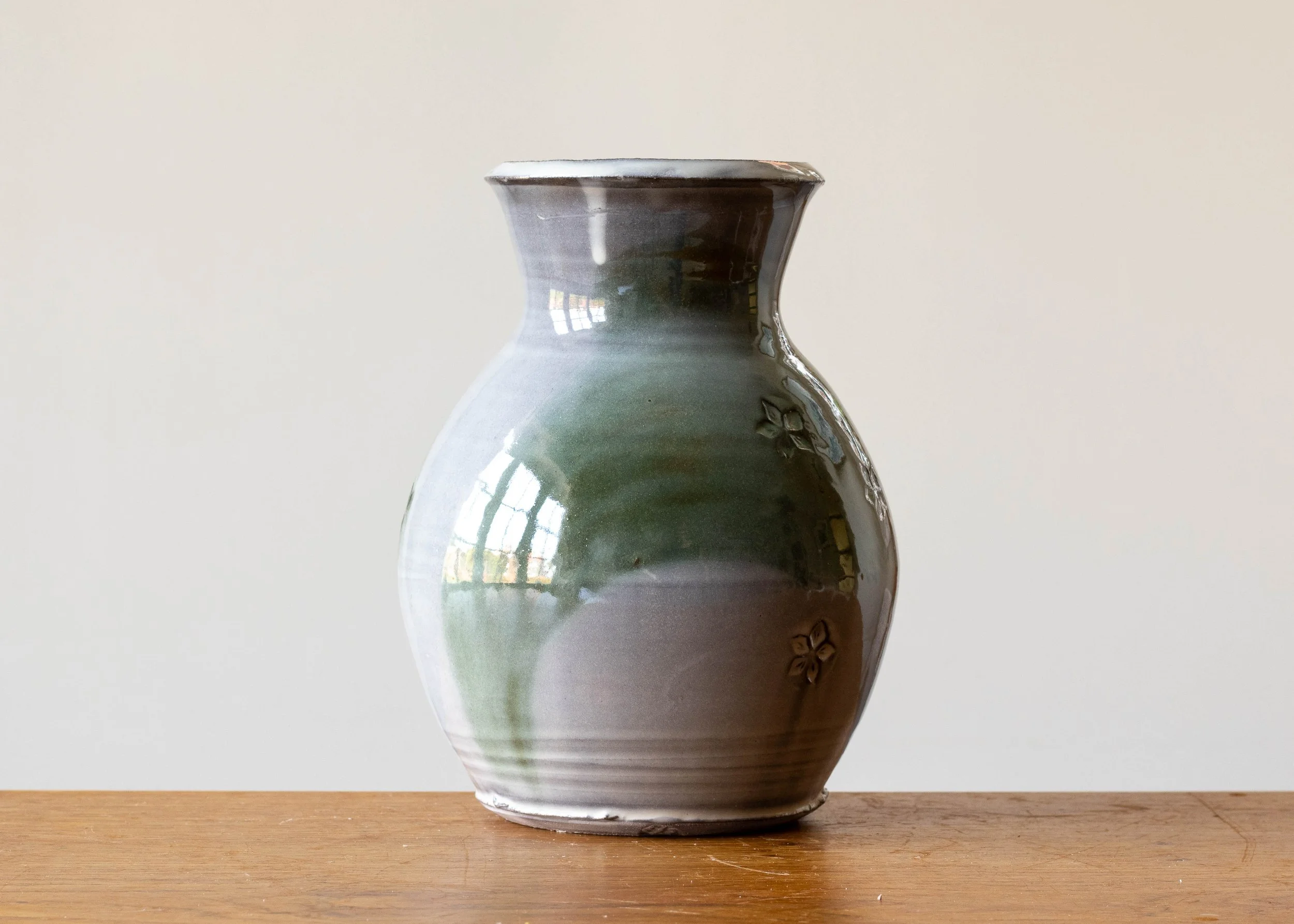 Handmade Stoneware Pottery Vase with Green Brush Mark, view 3.jpg
