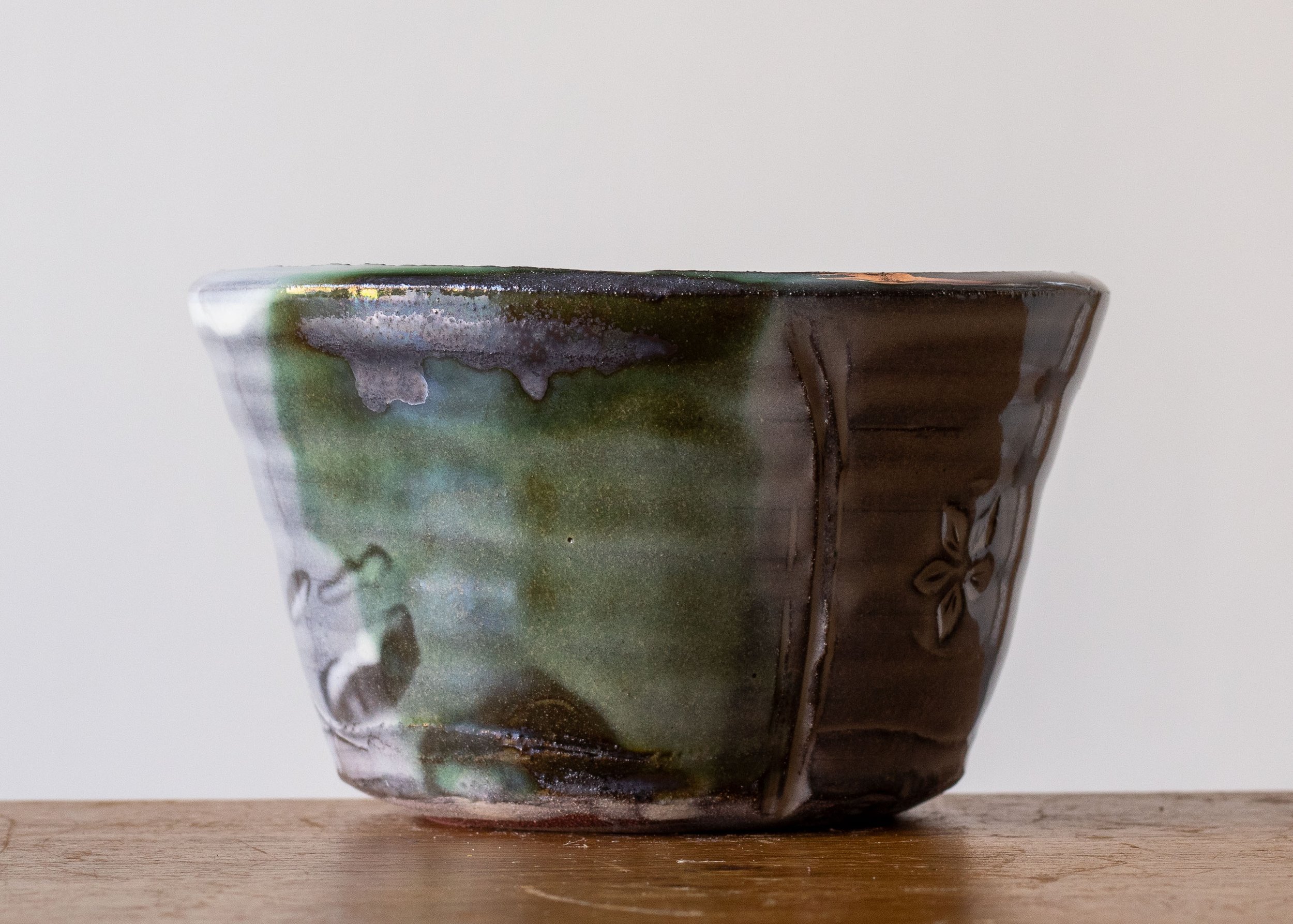 Handmade Pottery Bowl with Green Brush Marks #2, view 3.jpg