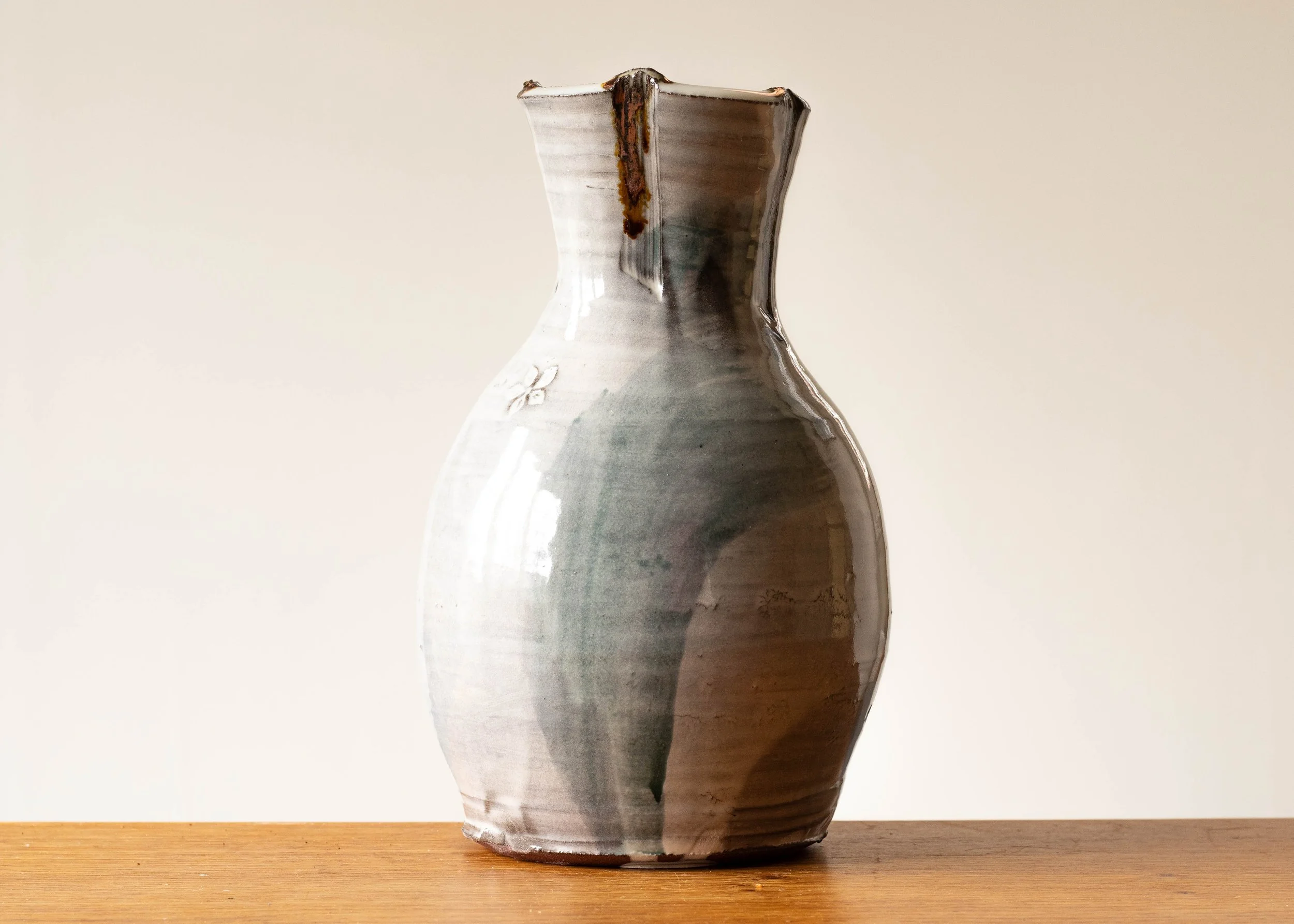 Handmade Pottery Vase with Green Brush Marks, view 3.jpg