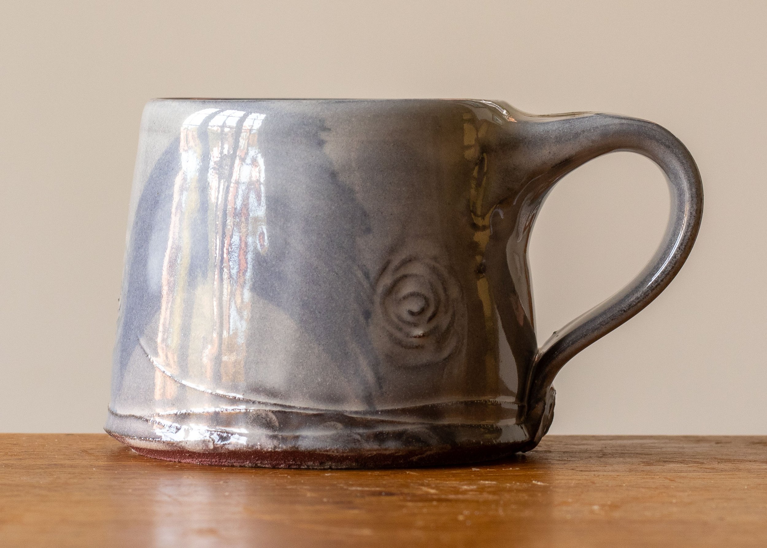 Handmade Pottery Coffee Cup with Blue Brush Marks, view 1.jpg