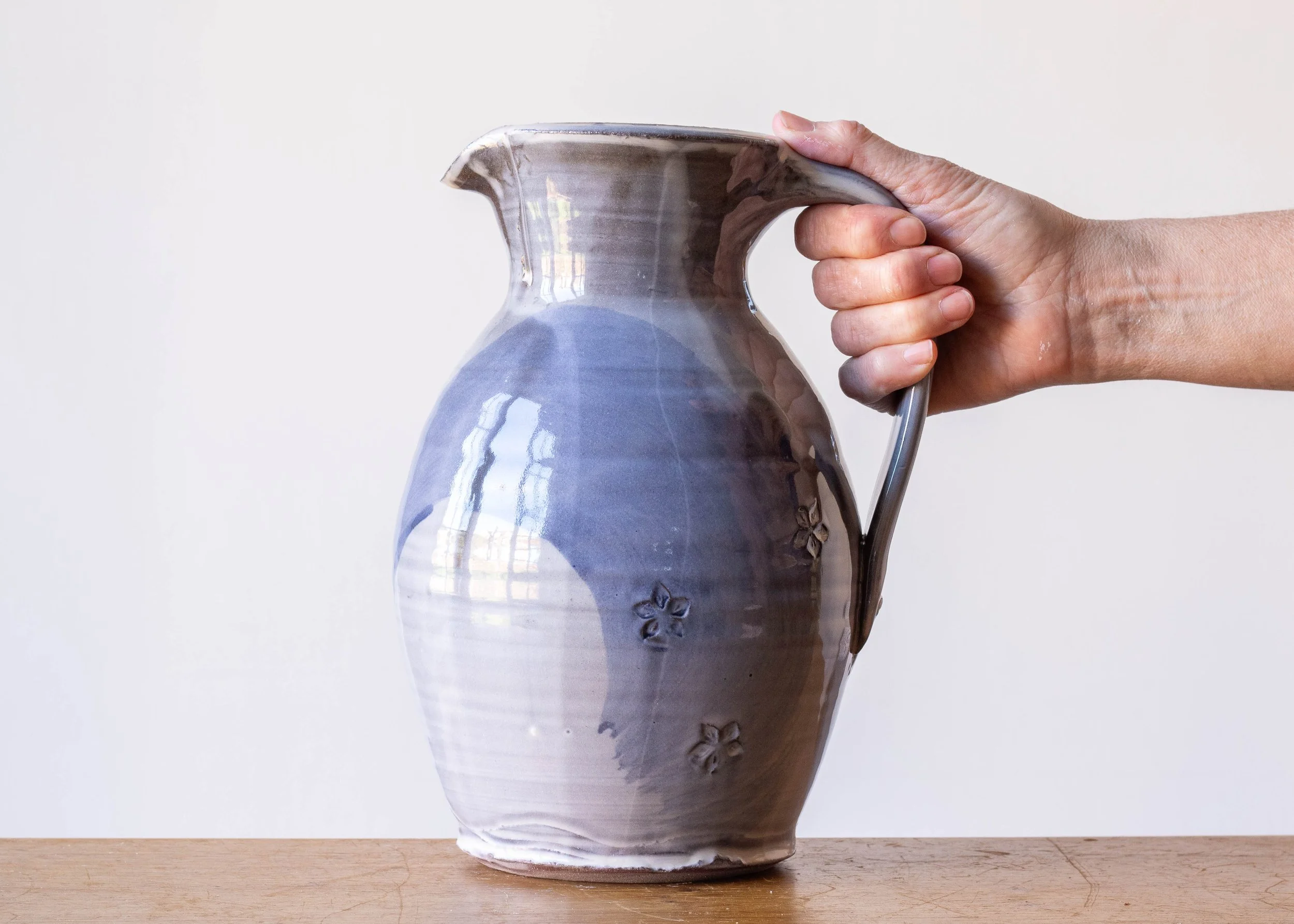 Large Handmade Pottery Jug with Blue Brush Marks, view 2.jpg