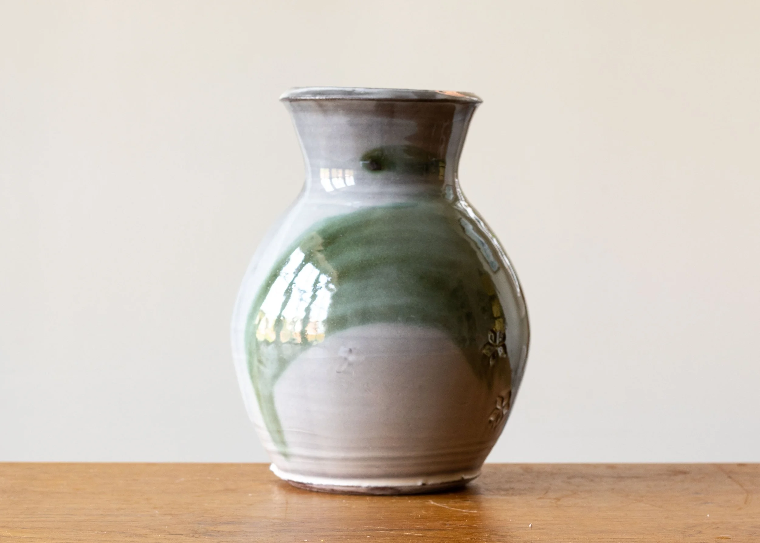 Handmade Stoneware Pottery Vase with Green Brush Mark.jpg