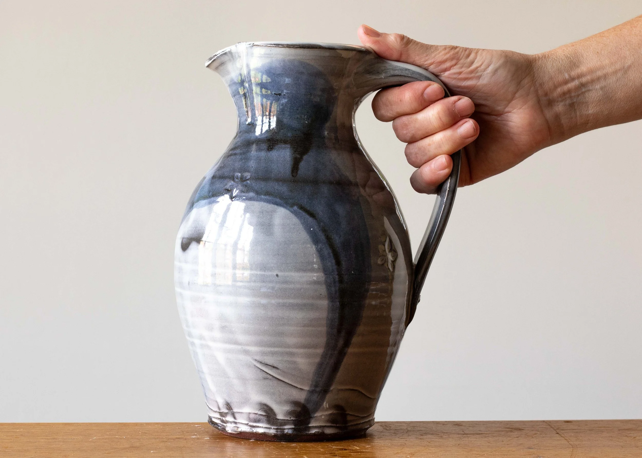 Handmade Pottery Jug with Blue Brush Mark, view 1.jpg