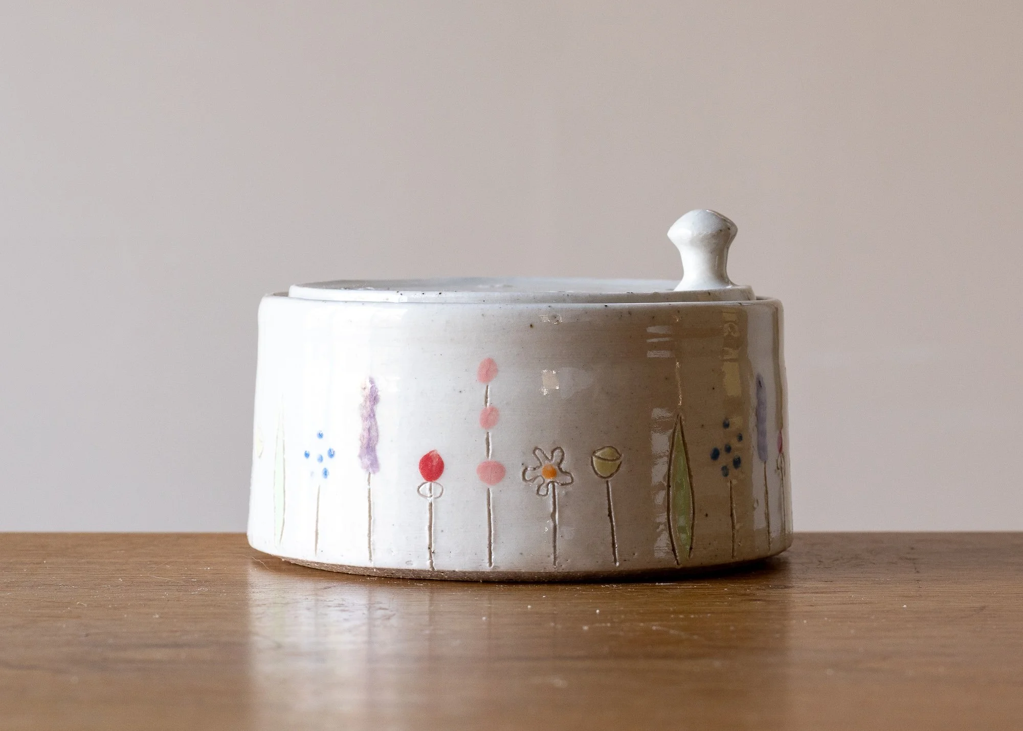 Low Handmade Pottery Flower Brick with Midsummer Decoration, with knob, side 3.jpg