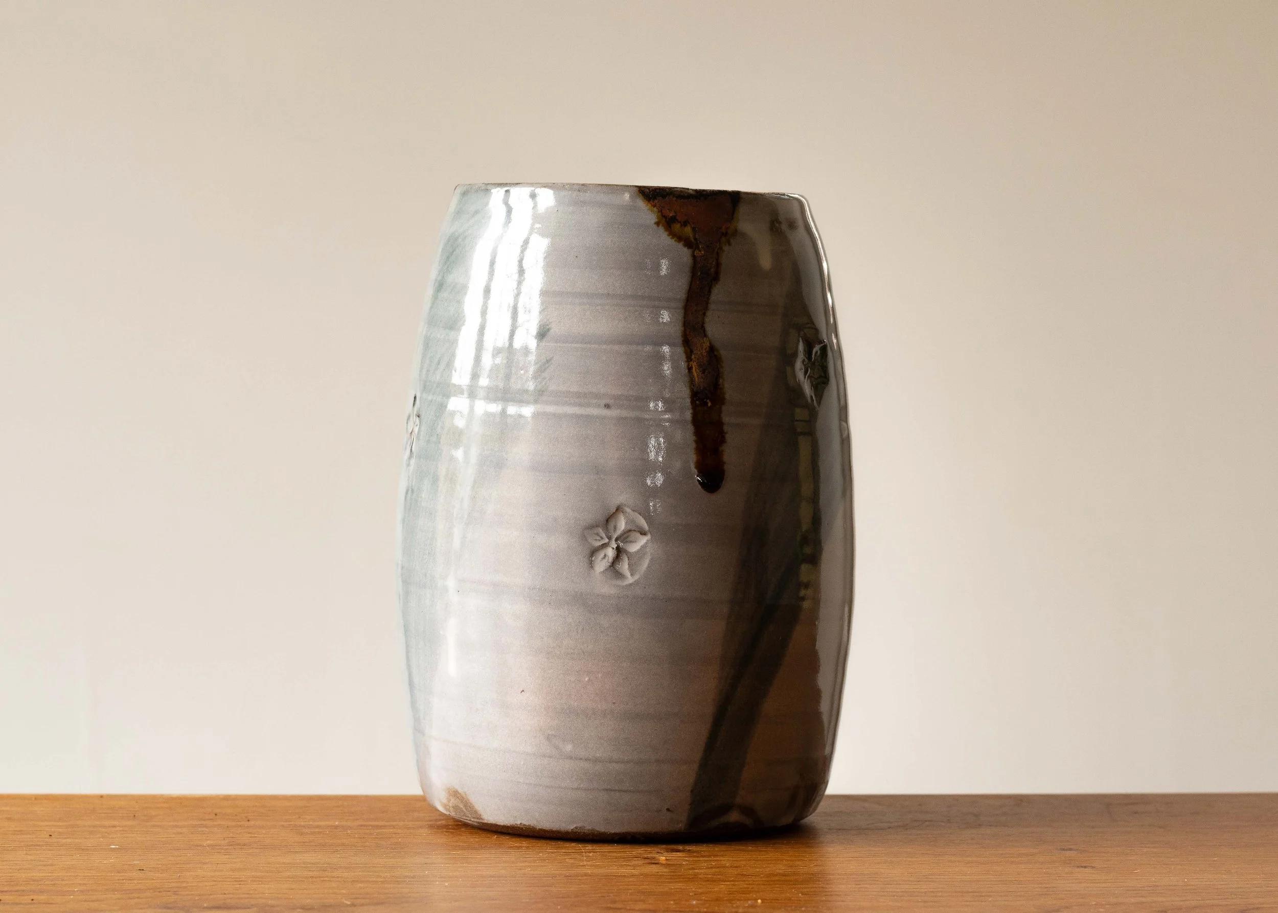 Handmade Pottery Open Vase with Green Brush Marks, view 2.jpg