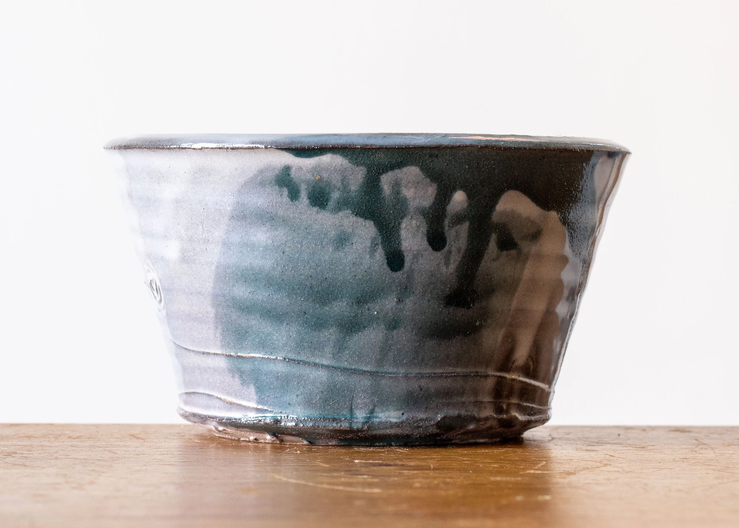 Handmade Pottery Bowl with Turquoise Brush Marks, view 1.jpg