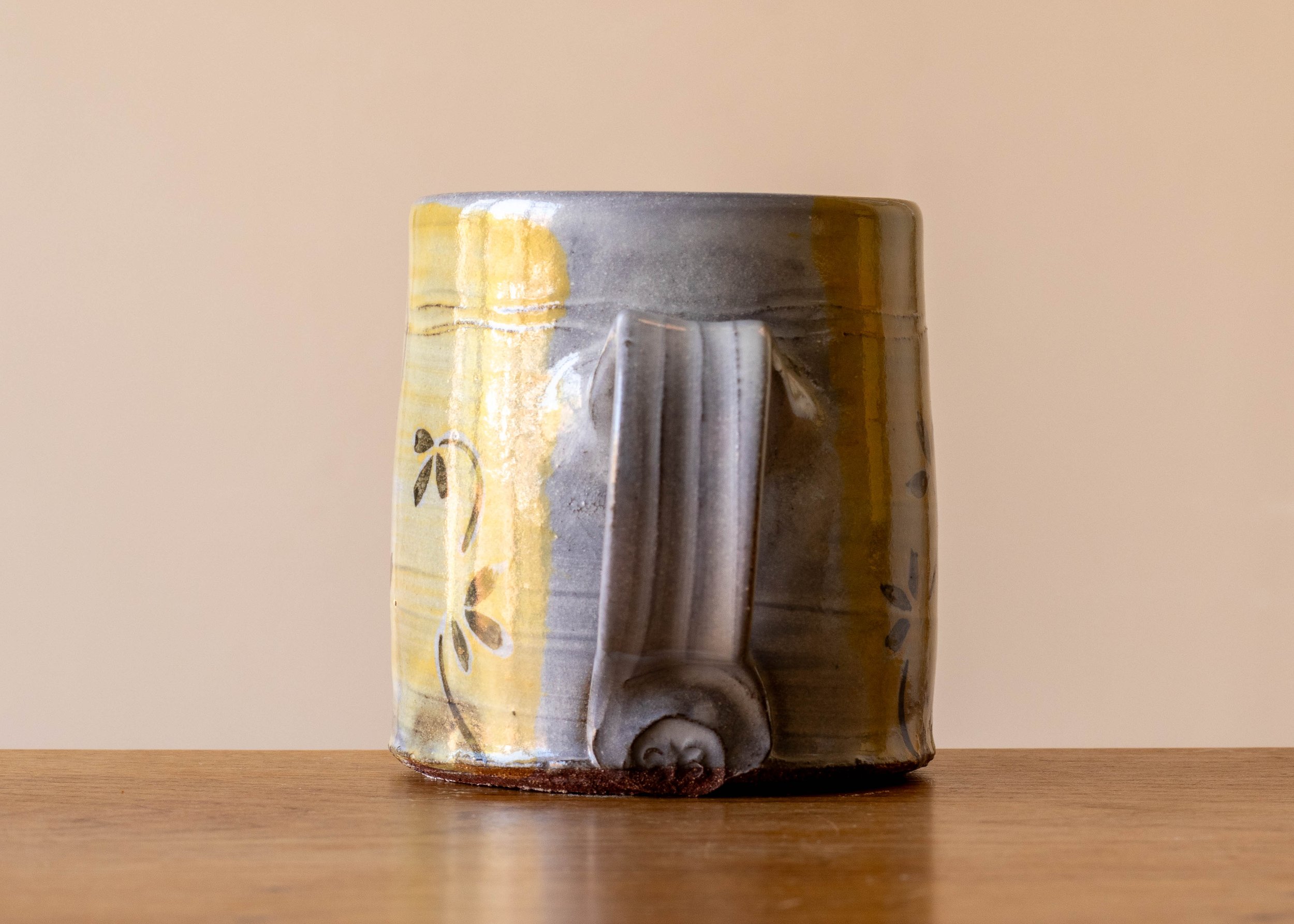 Handmade Pottery Mug with yellow and borwn autumn leaf decoration, side 4.jpg