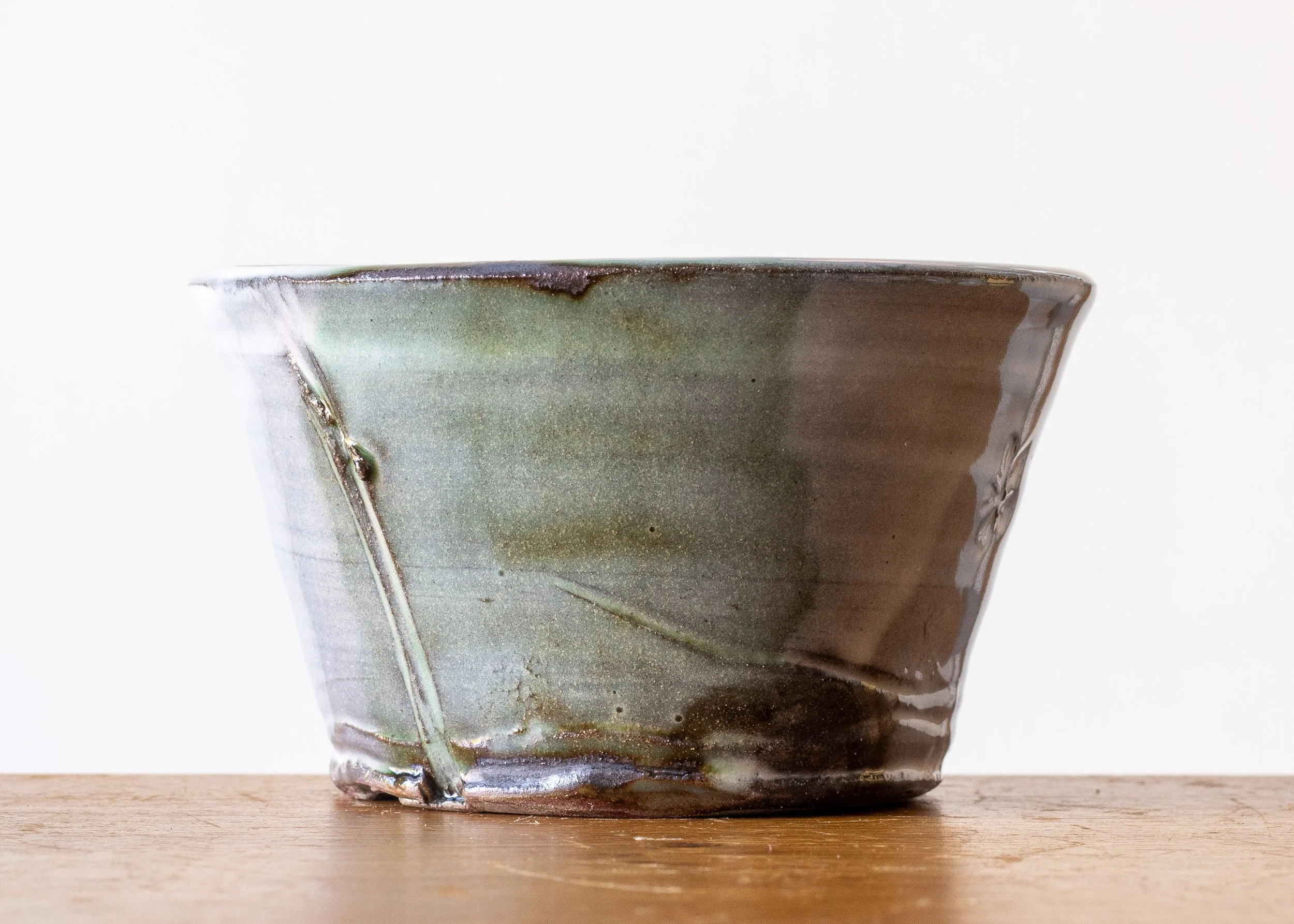Handmade Pottery Bowl with Green Brush Marks, view 3.jpg
