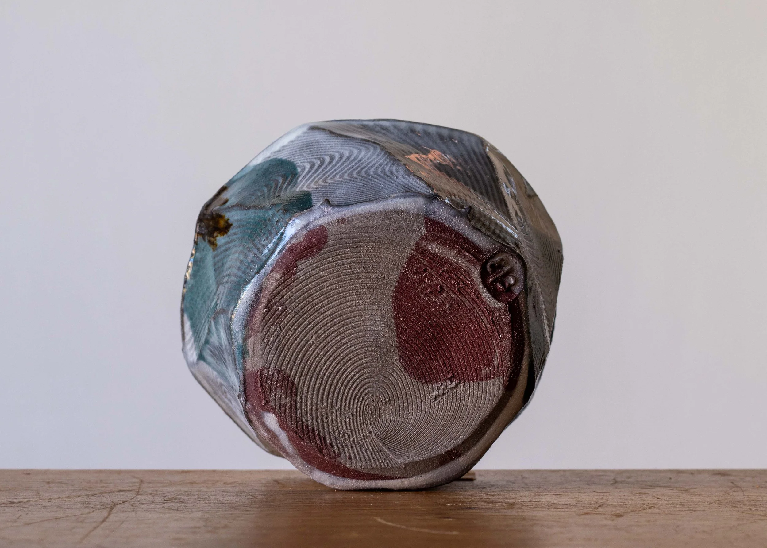 Handmade Pottery Faceted Bowl with Turquoise Brush Marks, view 6.jpg