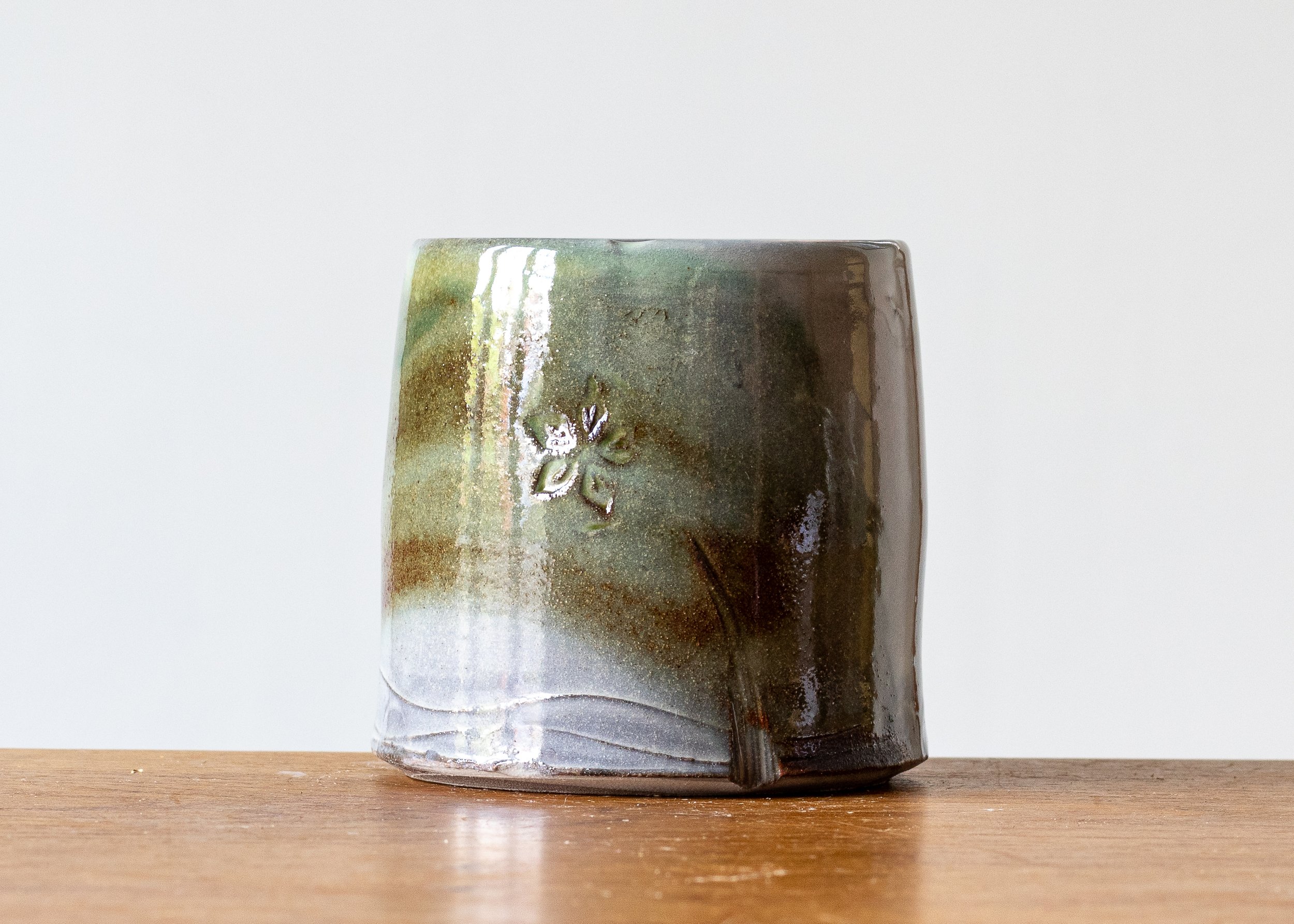 1.25 Green Handmade Stoneware Pottery Mug, view 2.jpg