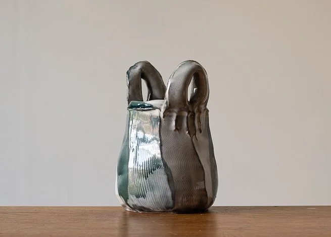 Faceted vase with turquoise brush marks, view 3.jpg