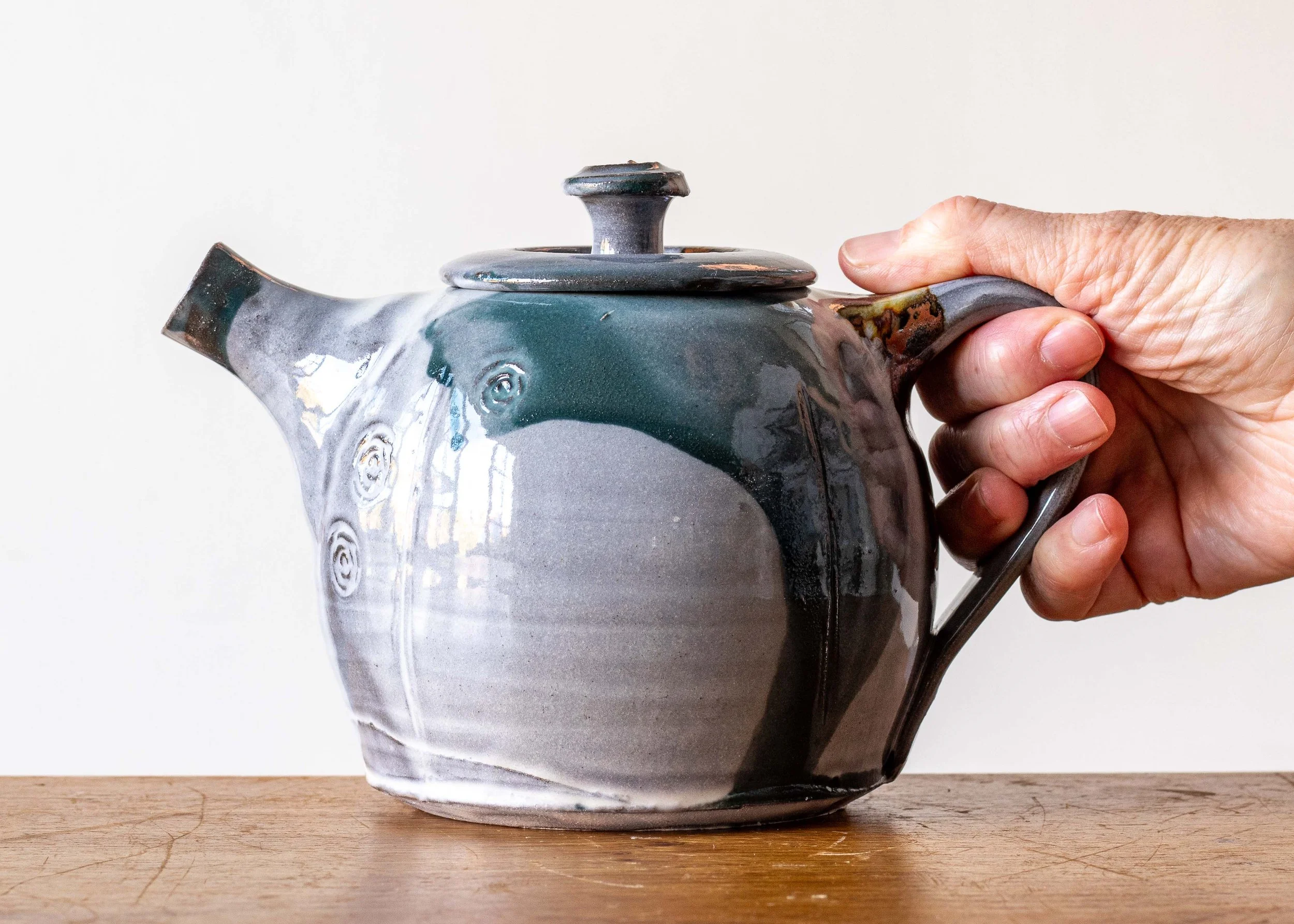 Handmade Pottery Teapot with Turquoise Brush Marks, view 2.jpg