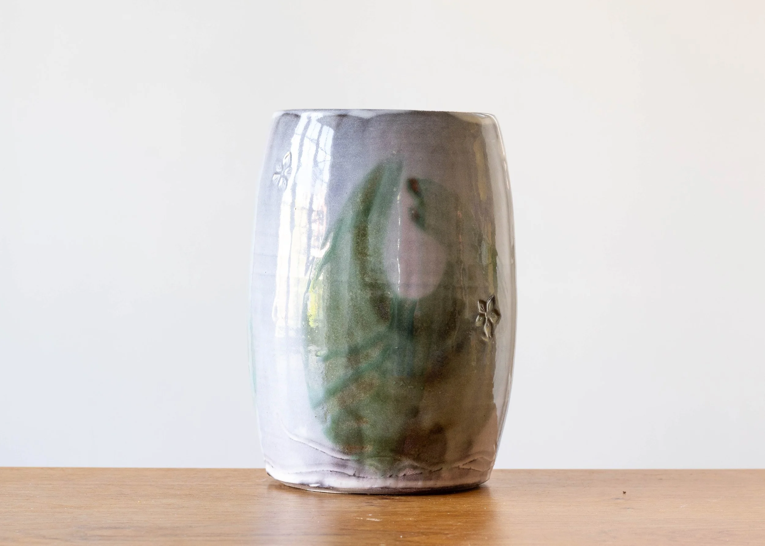 Large Handmade Pottery Vase with Green Brush Marks, view 4.jpg