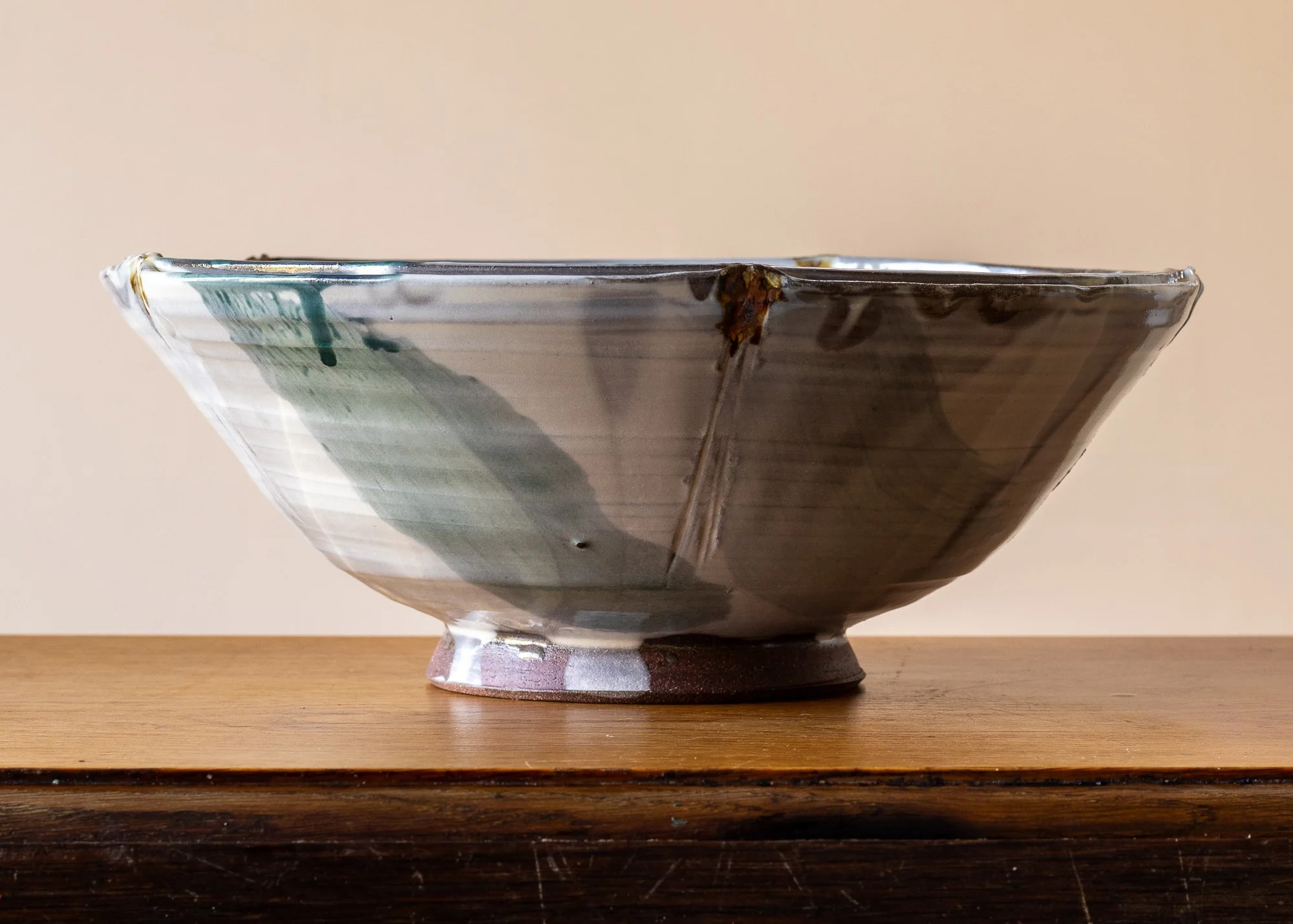Large Handmade Pottery Serving Bowl with Turquoise and Brown Decoration, side 1.jpg