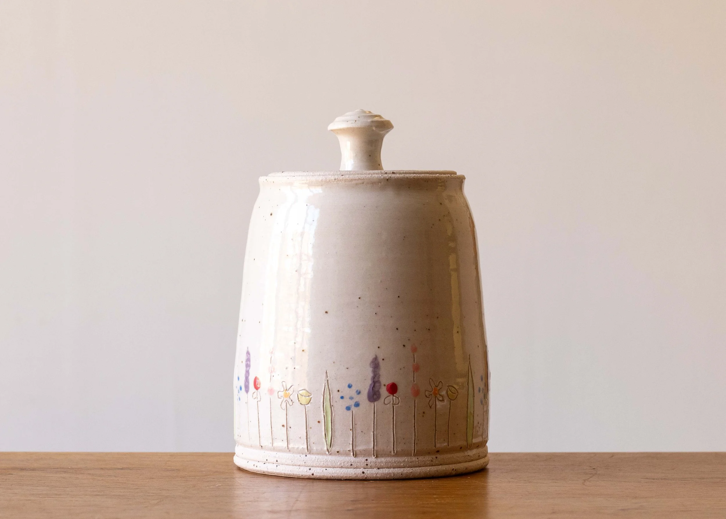 White Handmade Pottery Lidded Jar with Midsummer Flower Design_.jpg