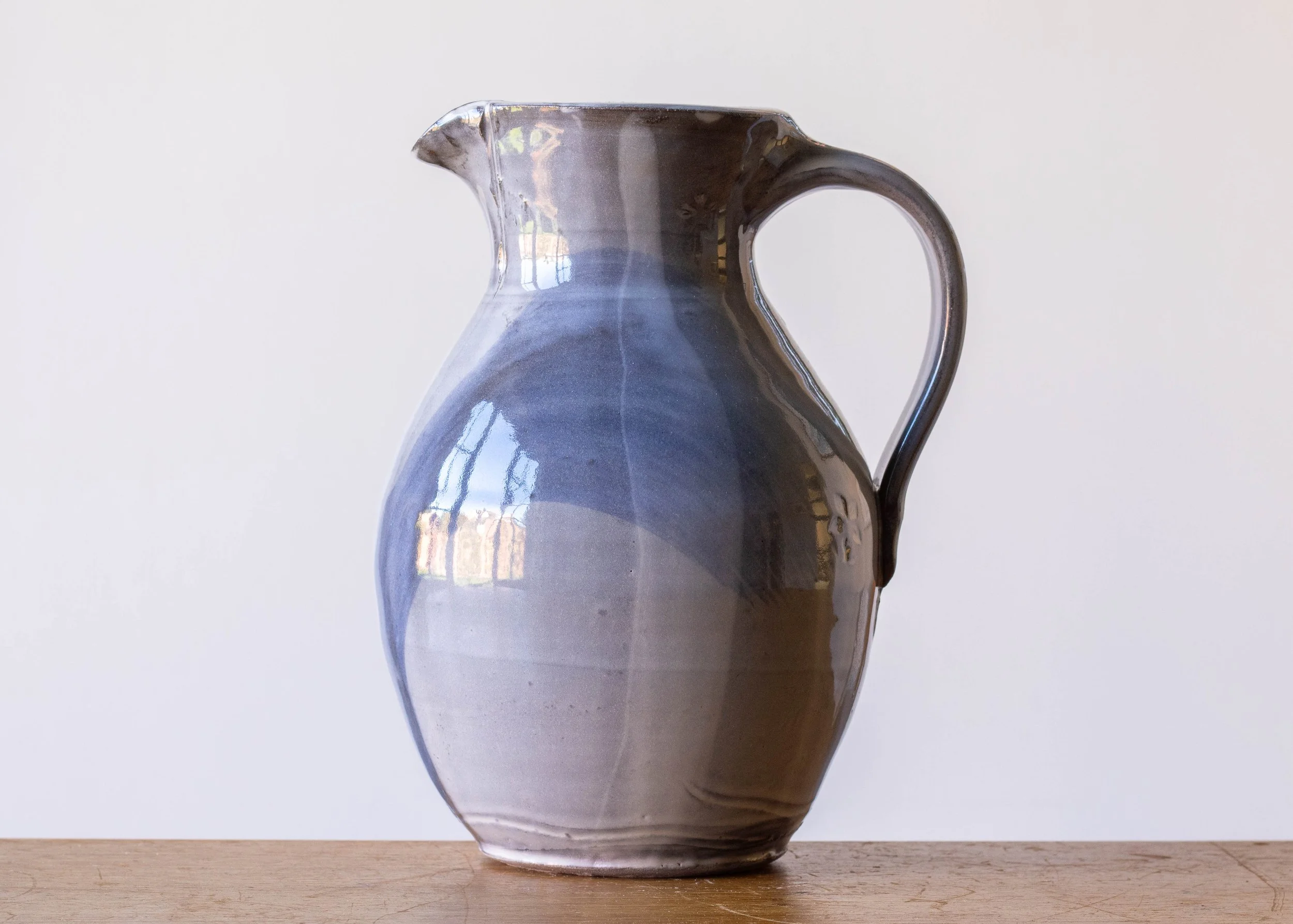 Large Handmade Pottery Jug with Blue Brush Marks, view 1.jpg