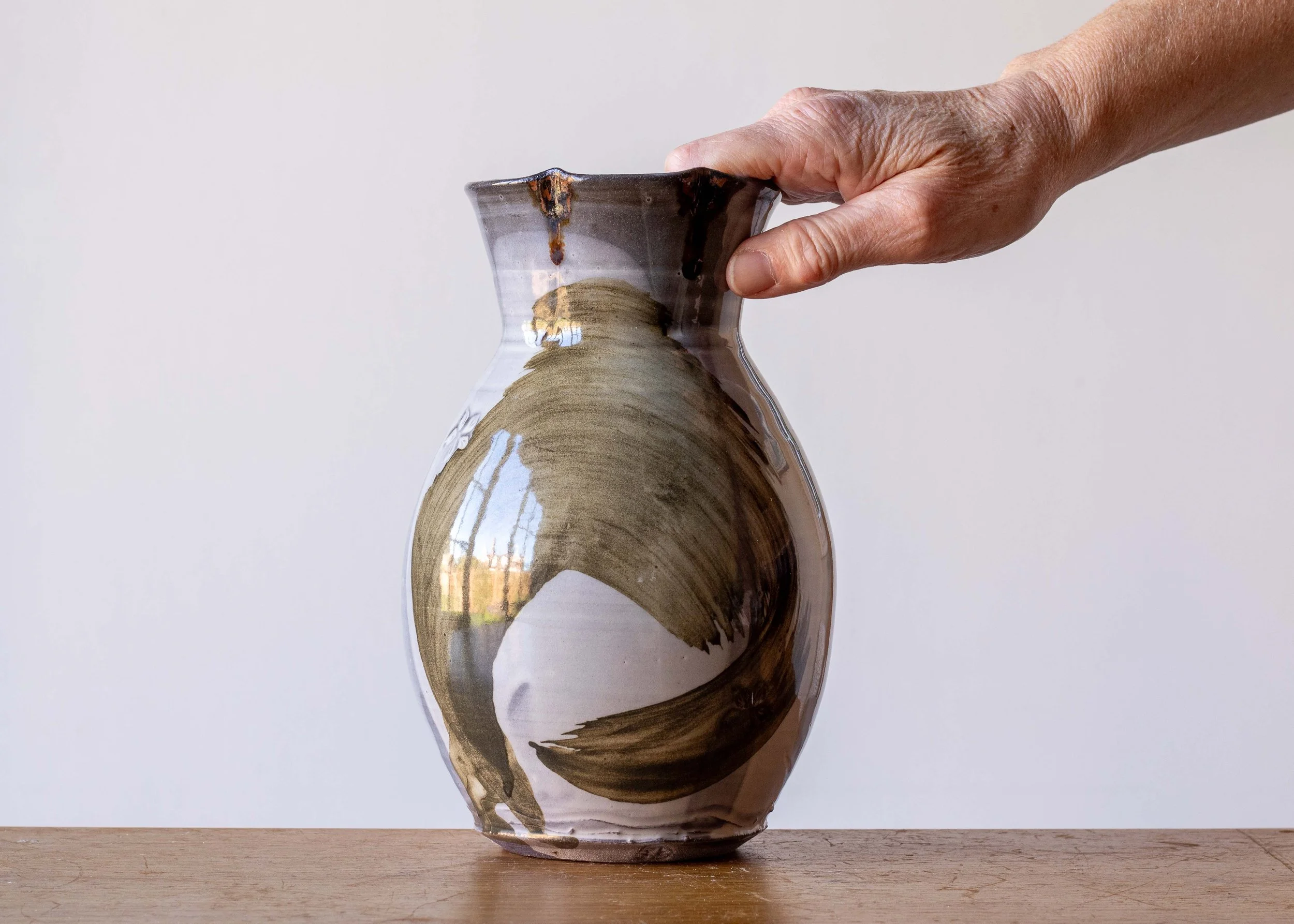 Handmade Pottery Vase with Brown Brush Marks, view 2.jpg