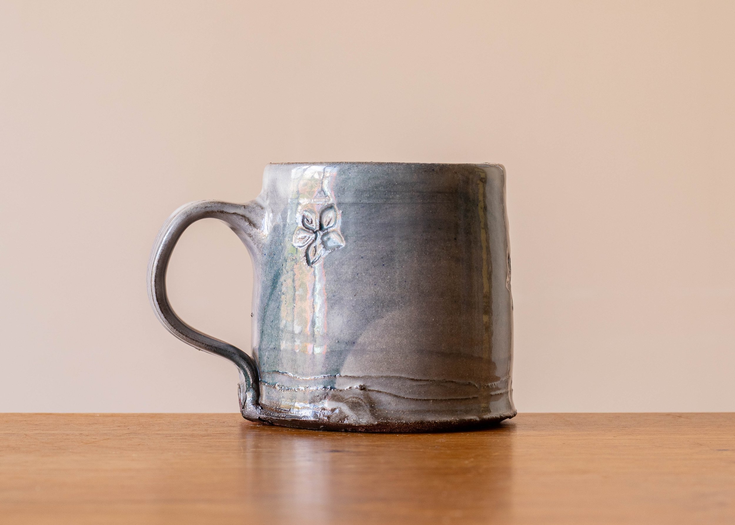 White Handmade Pottery Japandi Style Mug with Misty Turquoise Brush Marks, view 3.jpg