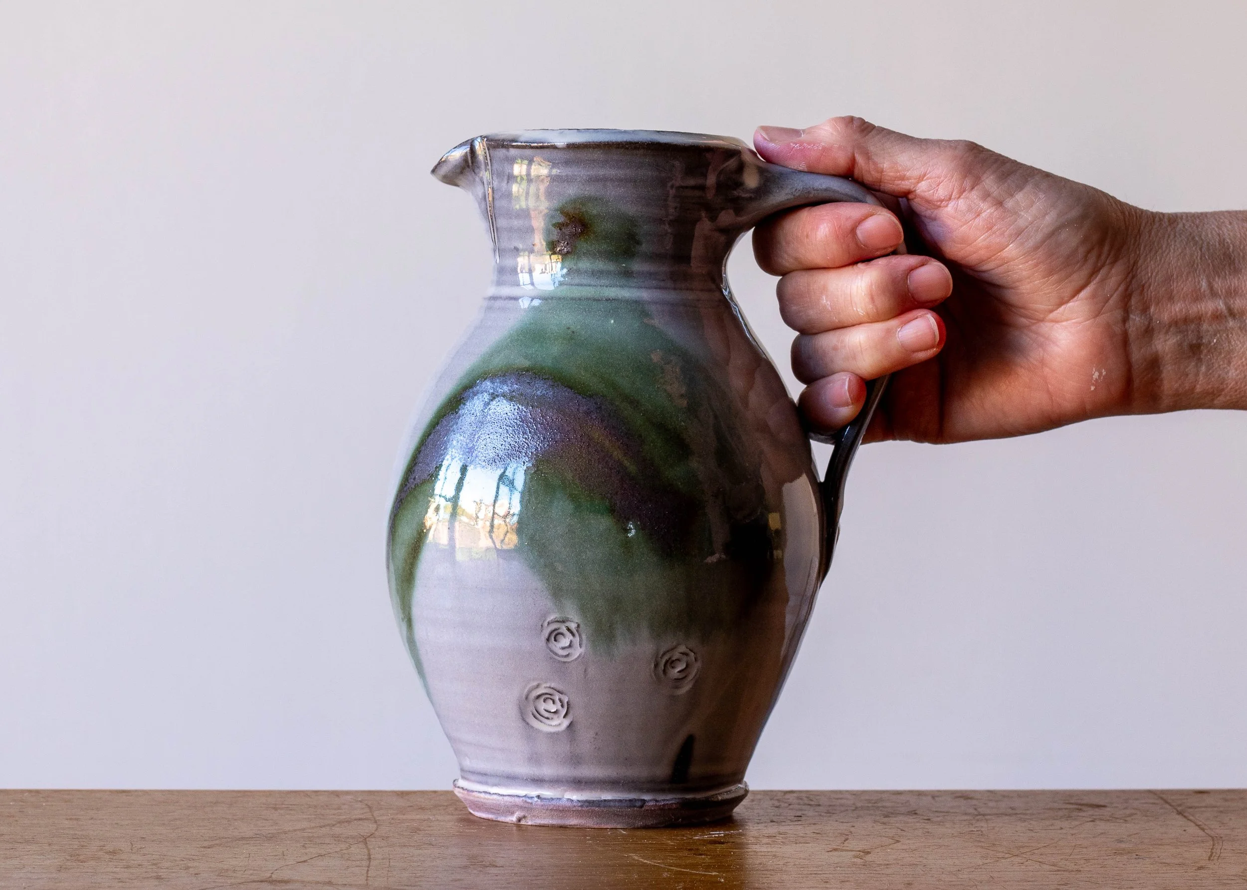 Handmade Pottery Jug with Green Brush Marks, view 2.jpg