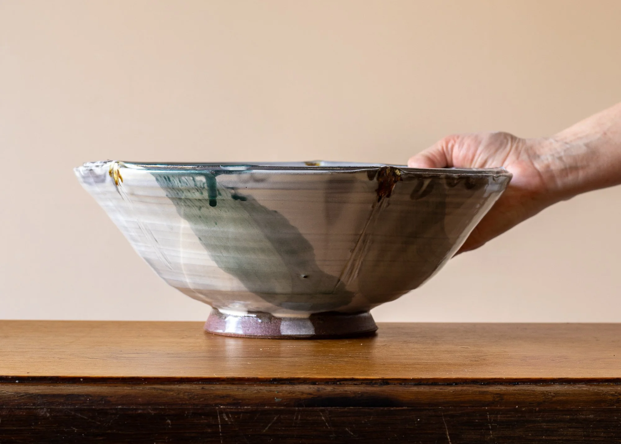 Large Handmade Japandi Style Ceramic Low Bowl with Misty Turquoise Brushed Decoration