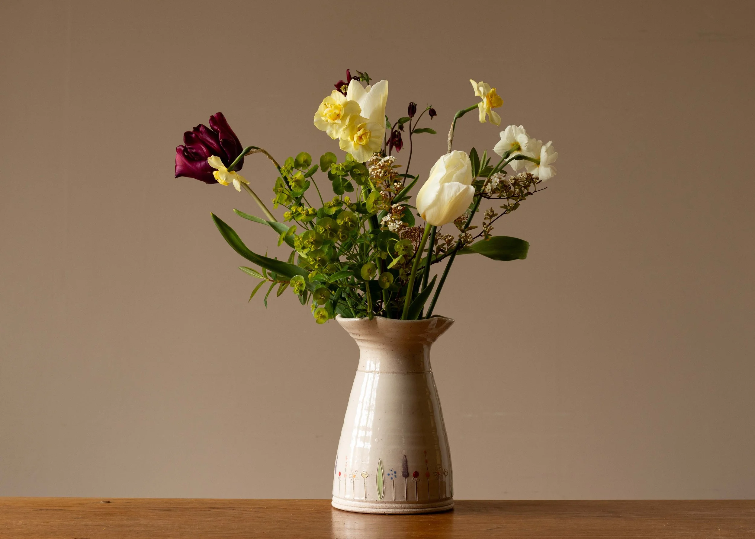 Large White Handmade Pottery Vase with Flared Rim and Midsummer Flower Design