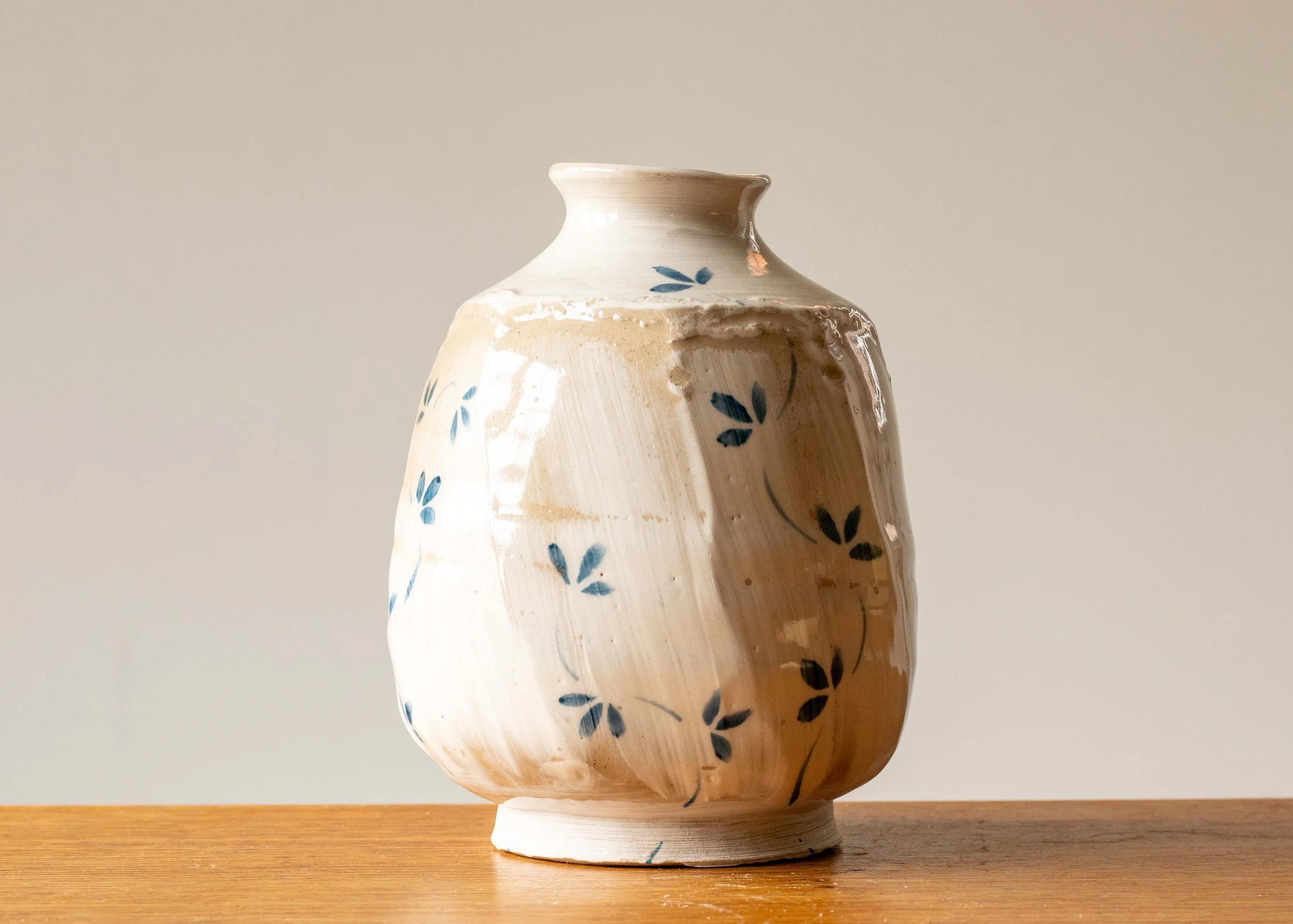 Small White Handmade Pottery Faceted Bottle with Blue Leaf Motif, #2