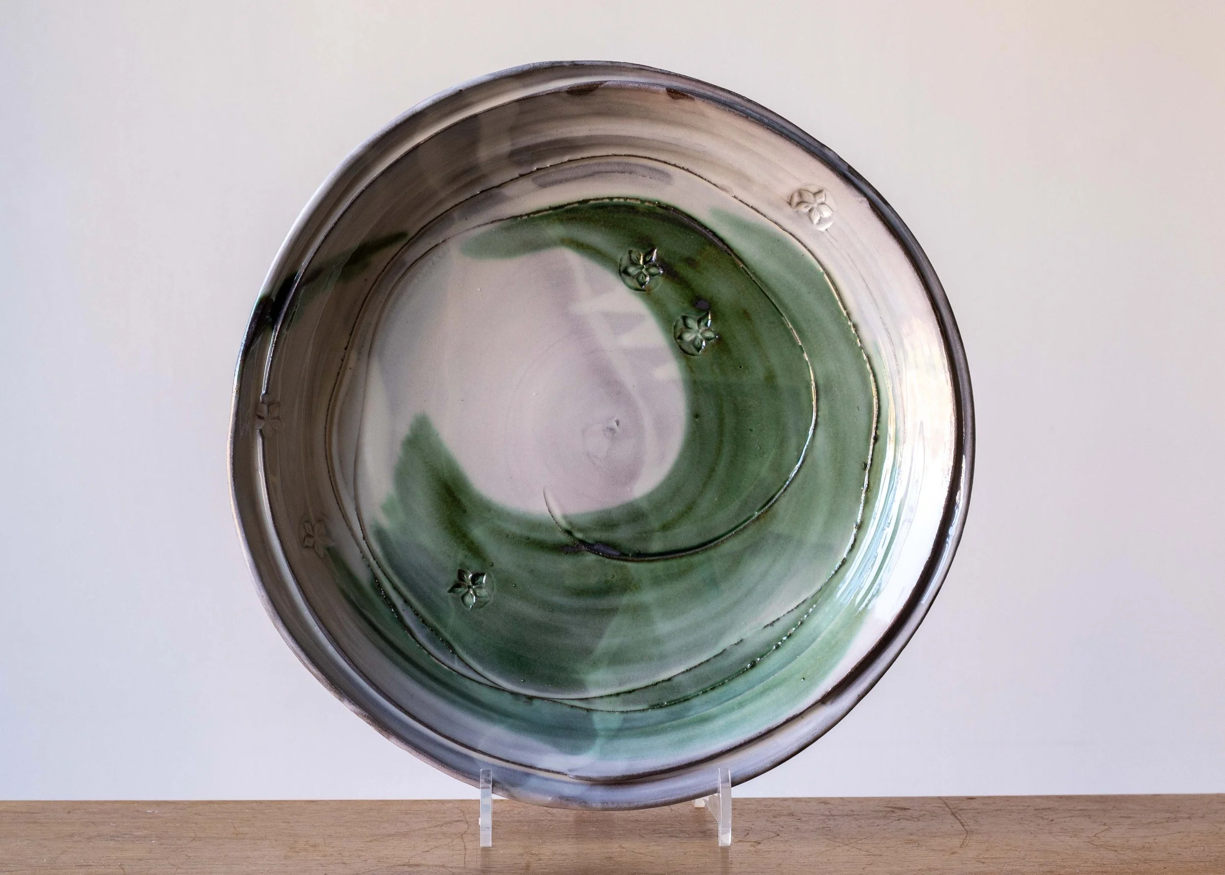 Large Handmade Pottery Plate with Green Brush Marks, view 1.jpg