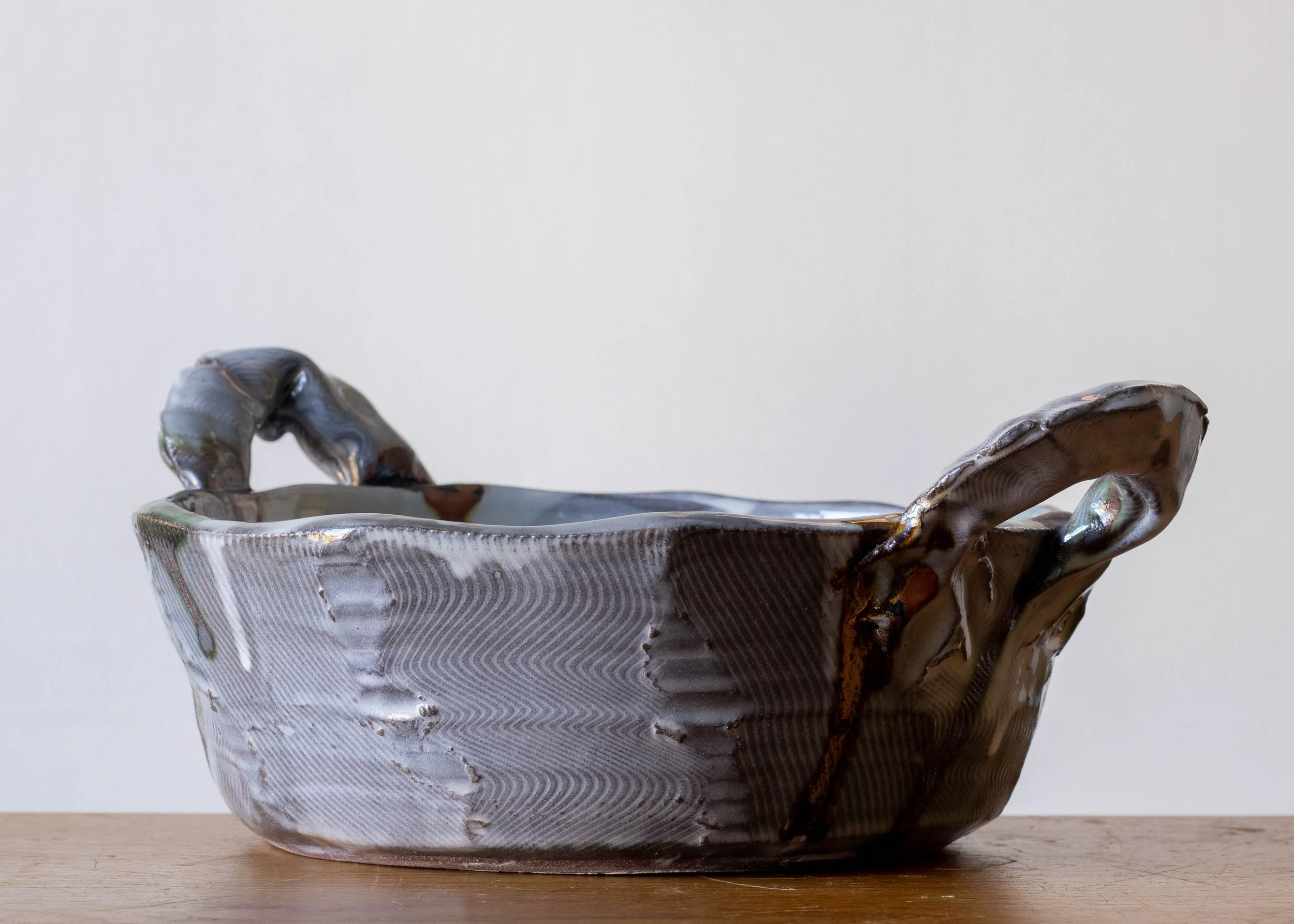 Handmade Pottery Basket with Green Brush Marks, view 2.jpg