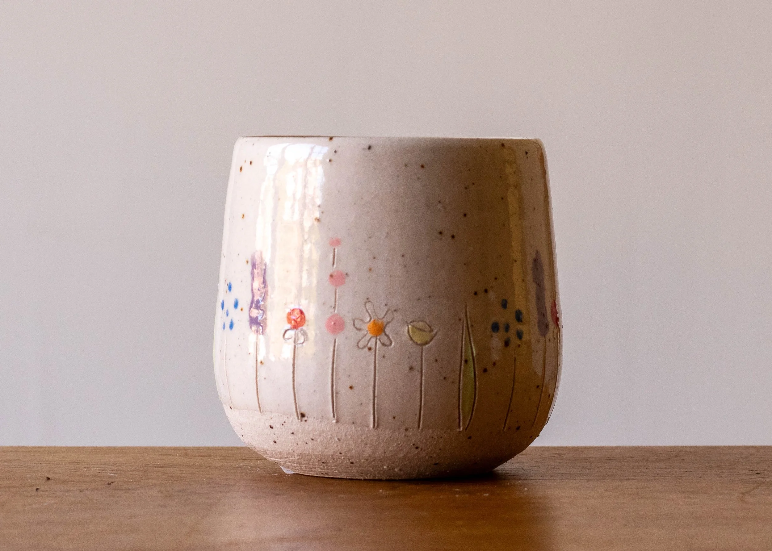 White Handmade Pottery Mug with Midsummer Flower Design, view 2.jpg
