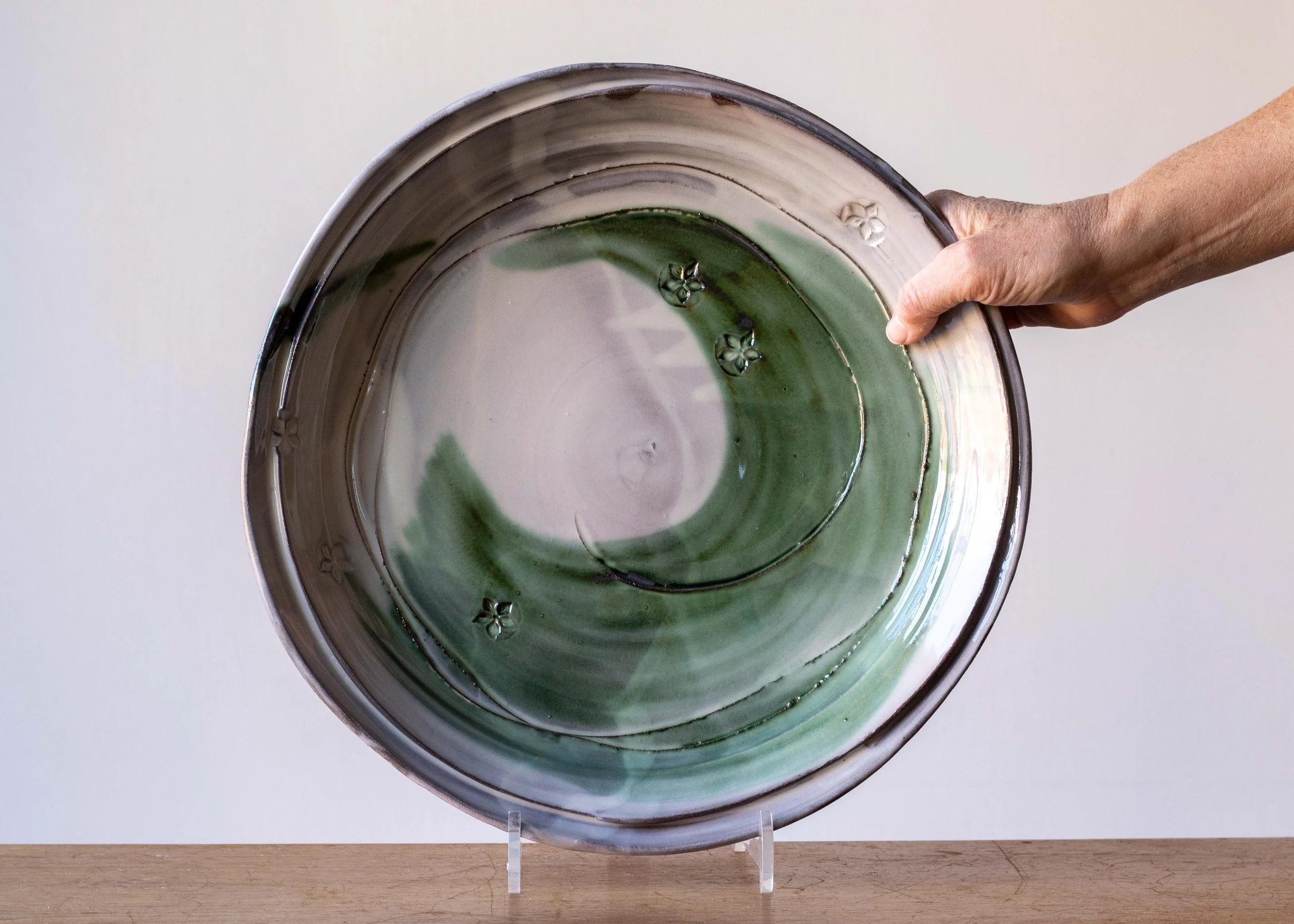 Large Handmade Pottery Plate with Green Brush Marks, view 2.jpg