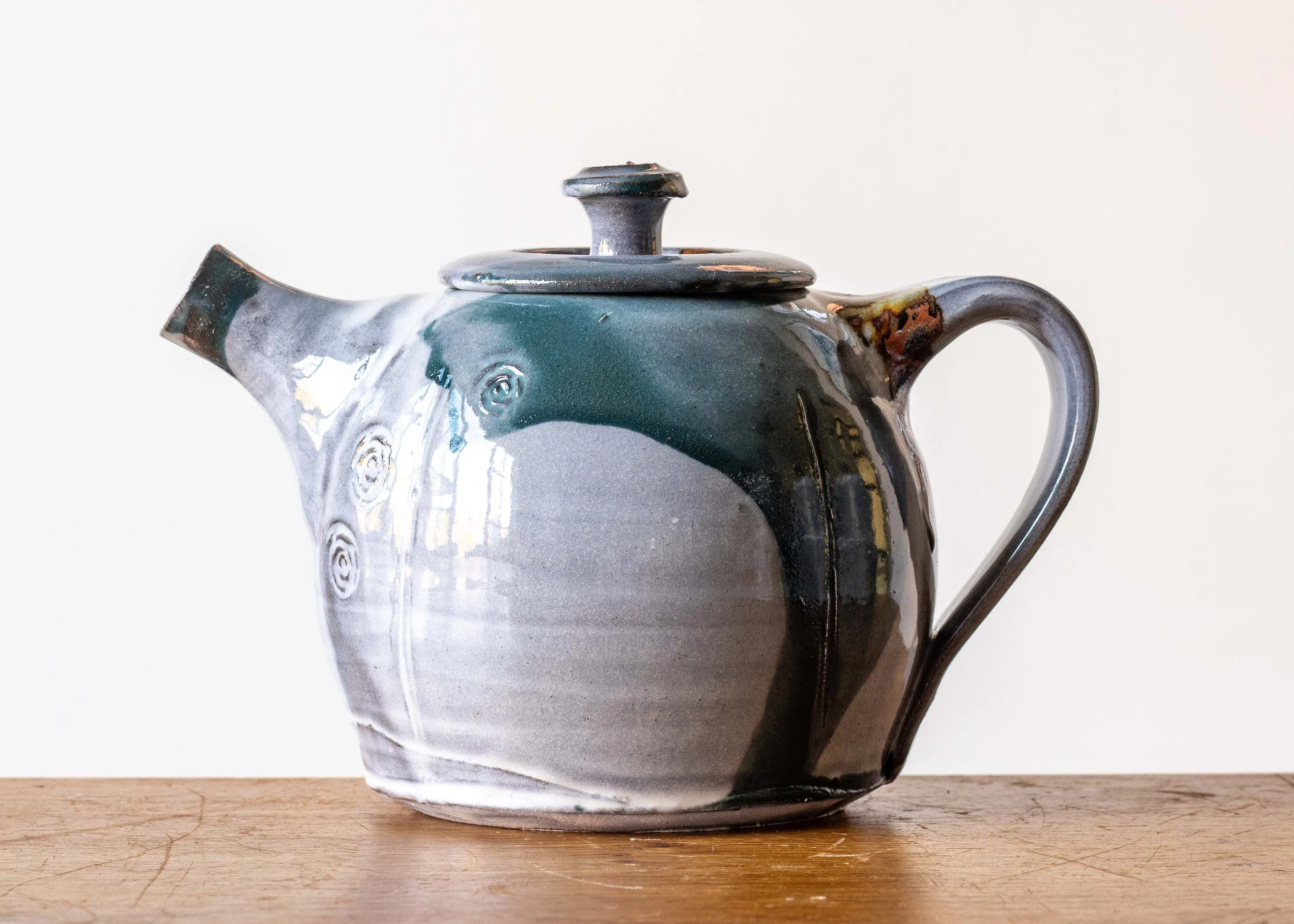 Handmade Pottery Teapot with Turquoise Brush Marks, view 1.jpg