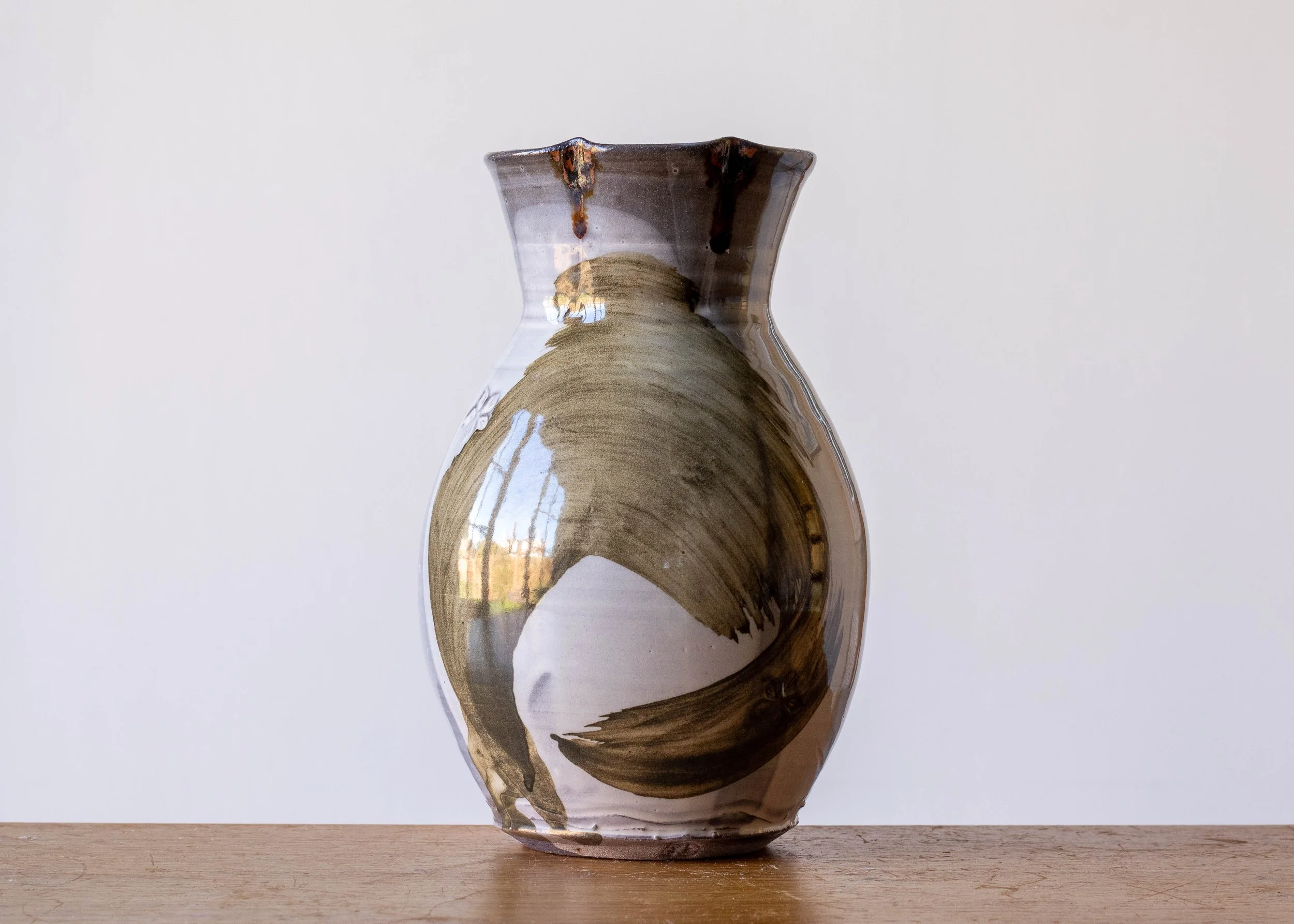 Handmade Pottery Vase with Brown Brush Marks, view 1.jpg