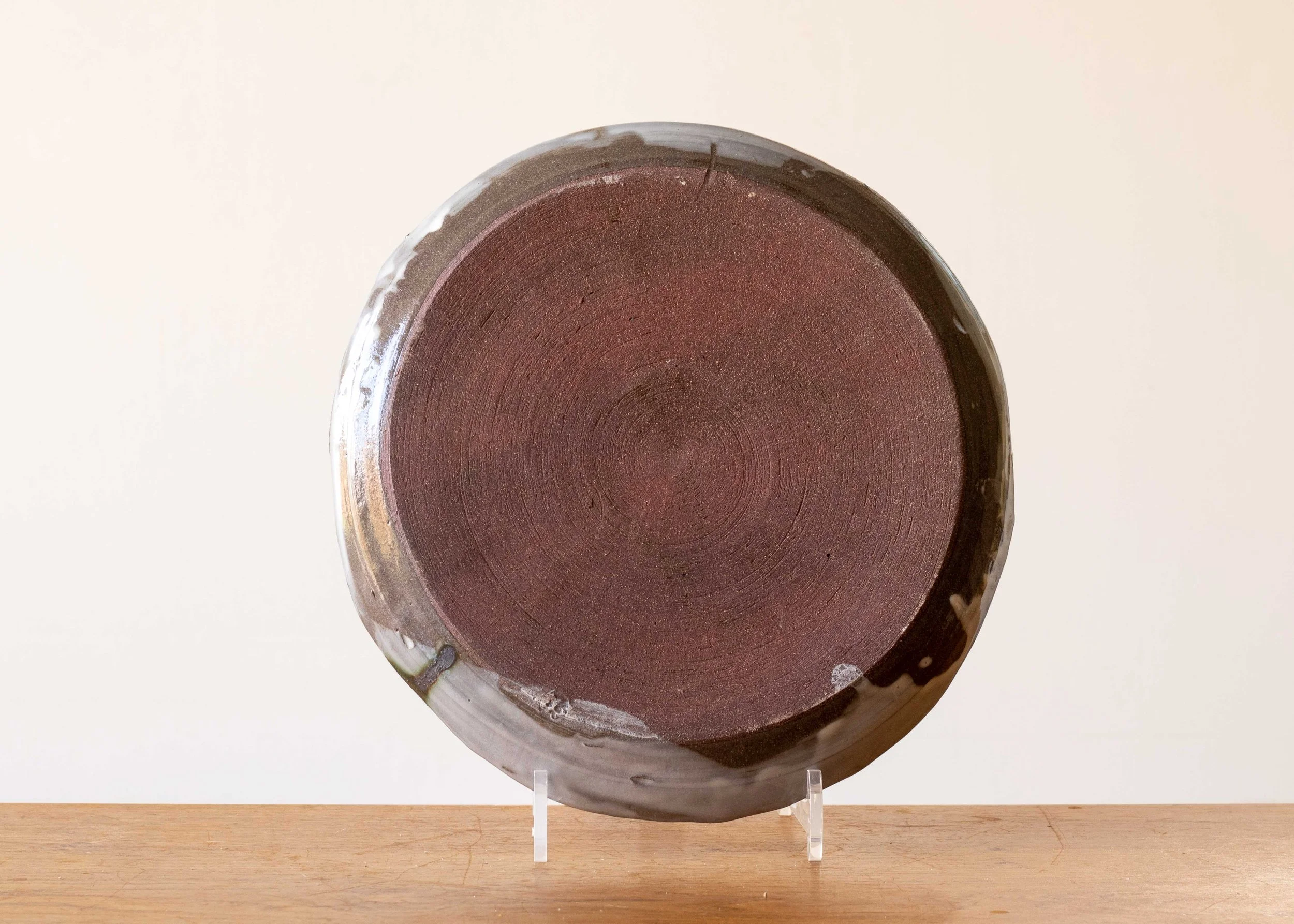 Handmade Pottery Dinner Plate with Green Brush Marks, view 2-3.jpg