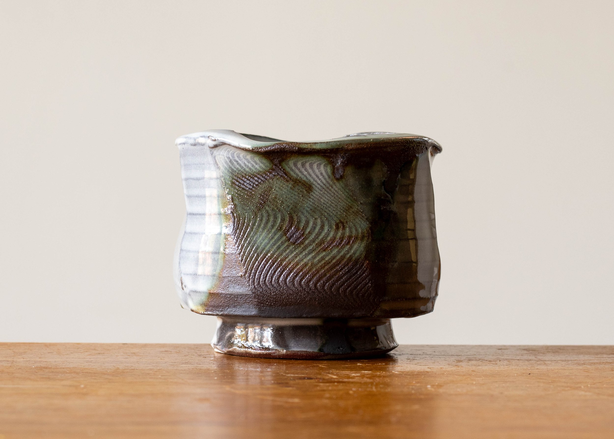 Handmade Stoneware Pottery Tea Bowl with Green Brush Mark, view 1.jpg