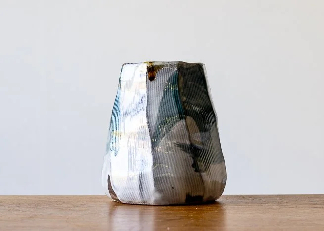 Faceted vase with Turquoise Brush Marks, side 3.jpg